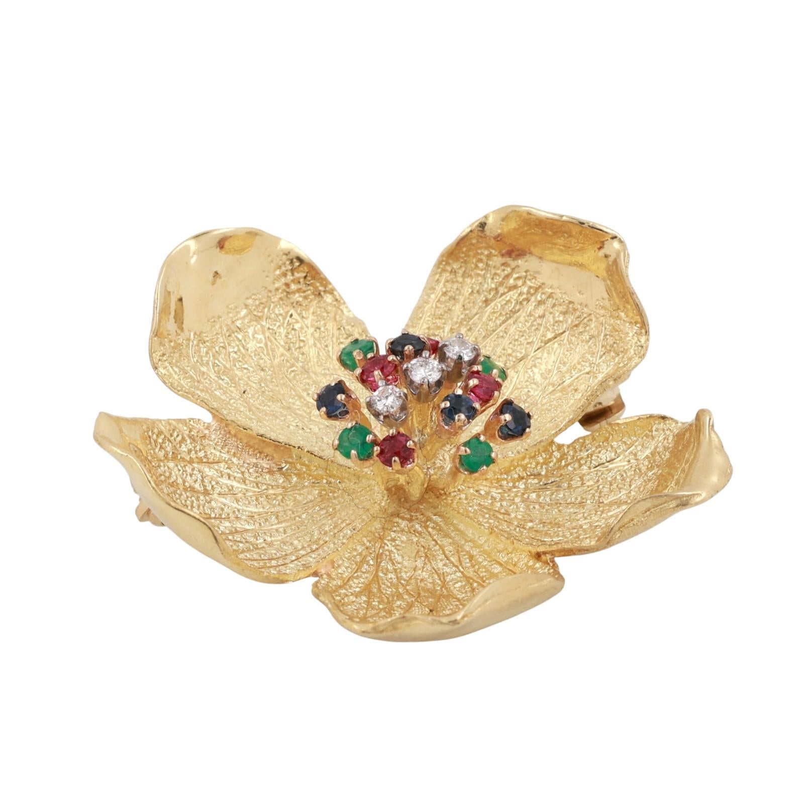Vintage Multi Gemstone Diamond Floral Brooch Pin 18K Yellow Gold 0.57 CTW 1.50"