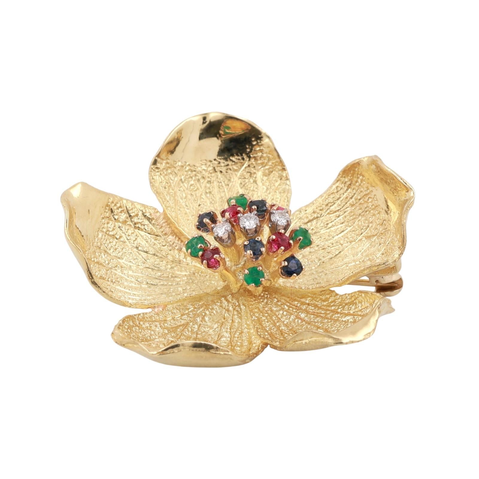 Vintage Multi Gemstone Diamond Floral Brooch Pin 18K Yellow Gold 0.57 CTW 1.50"