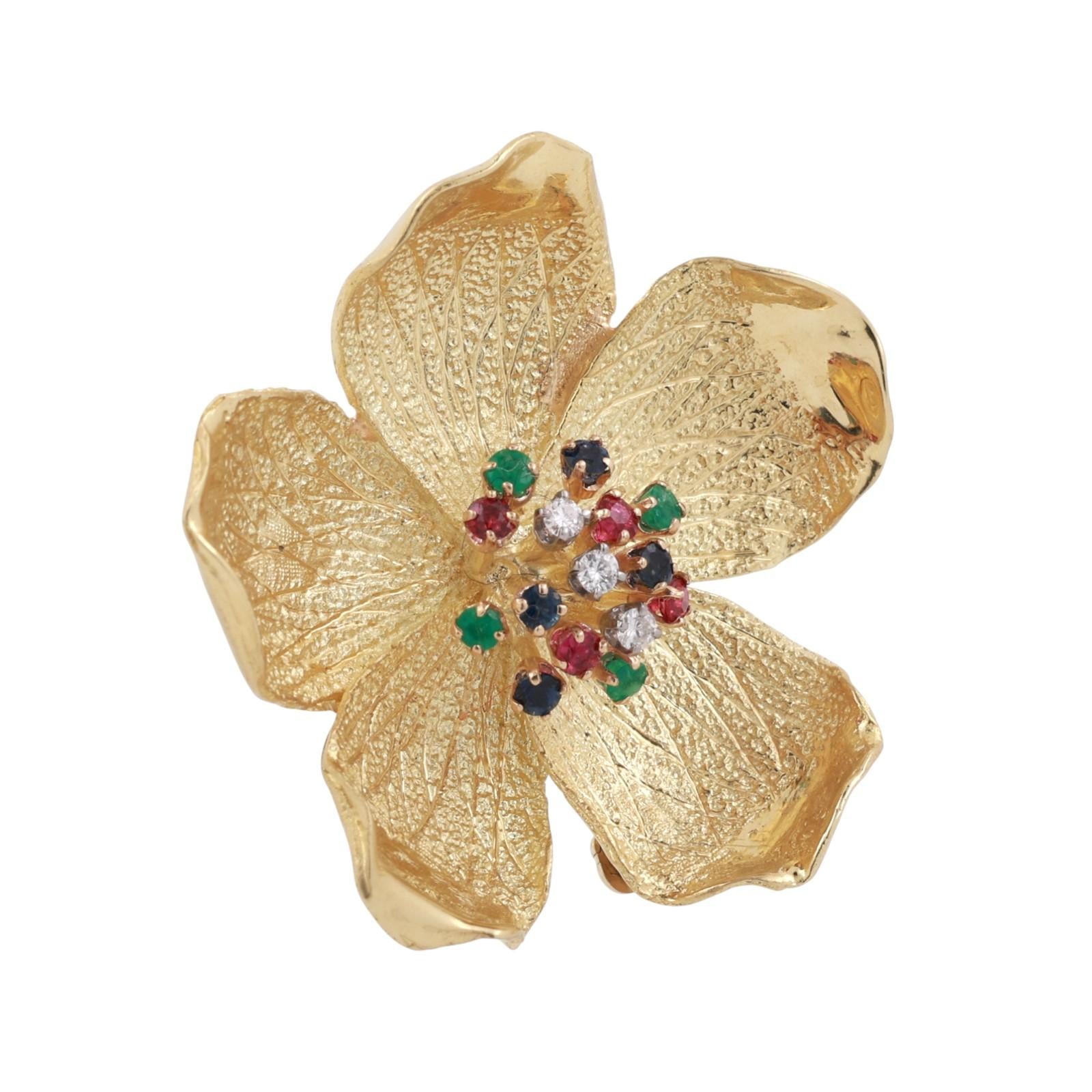 Vintage Multi Gemstone Diamond Floral Brooch Pin 18K Yellow Gold 0.57 CTW 1.50"