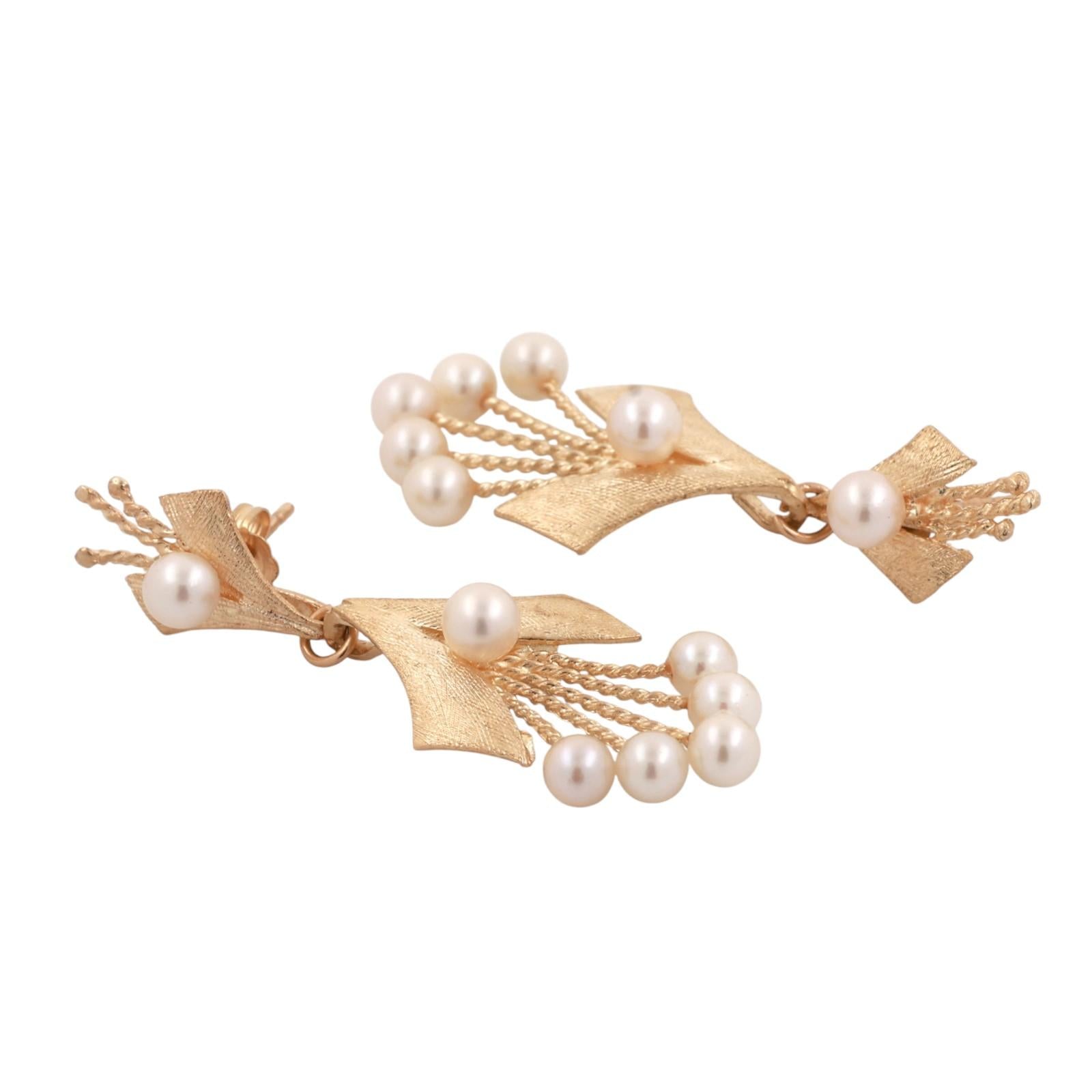 Cultured Akoya Pearl Drop Dangle Earrings 14K Yellow Gold 1.55" Ladies Vintage