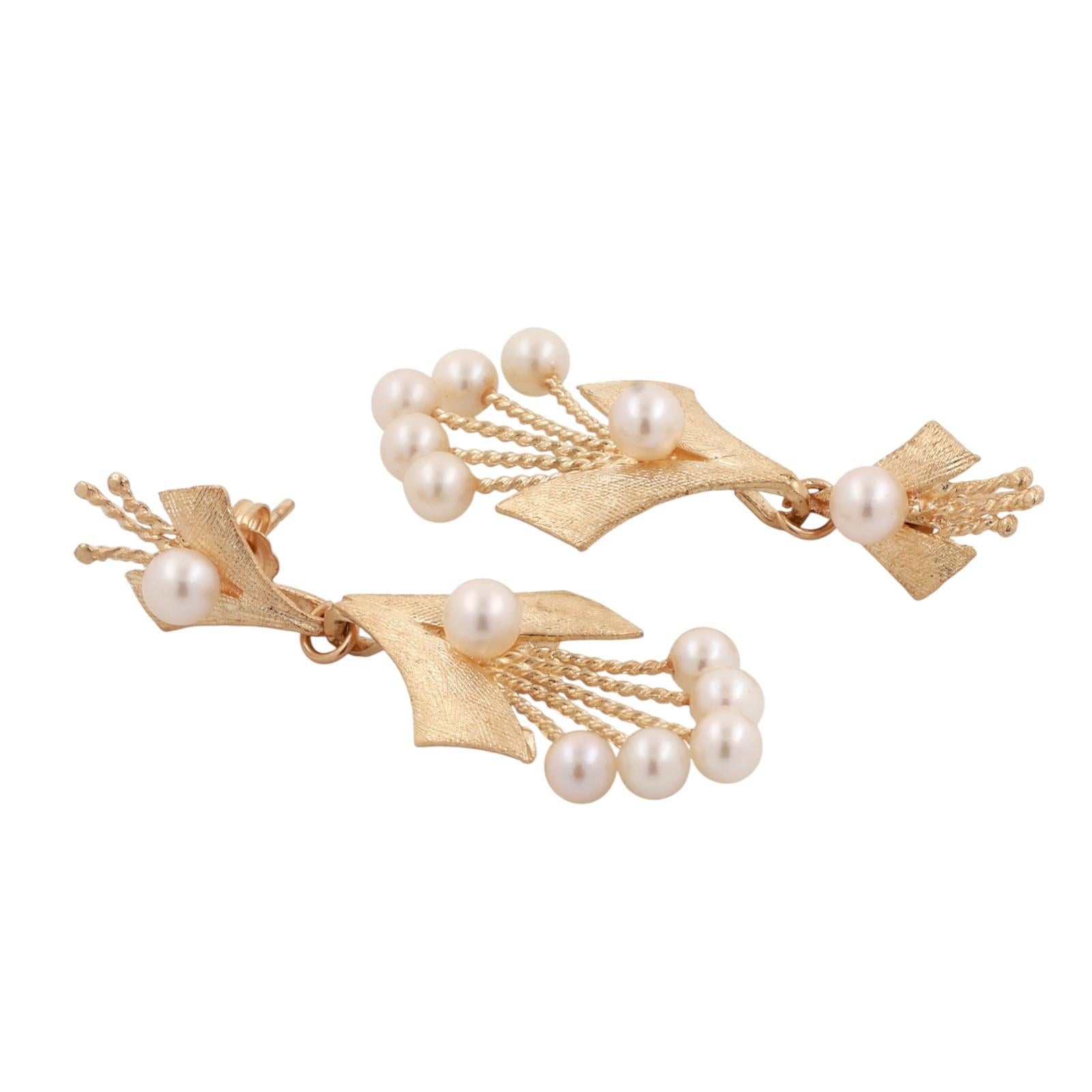 Cultured Akoya Pearl Drop Dangle Earrings 14K Yellow Gold 1.55" Ladies Vintage