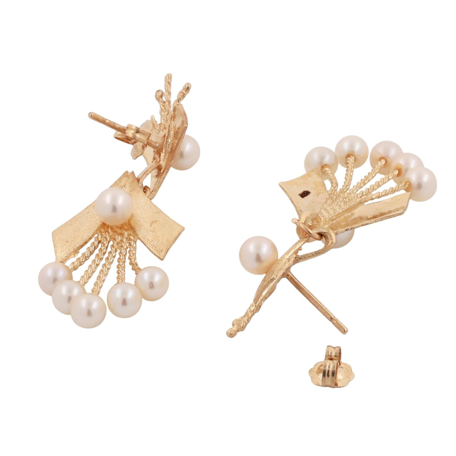 Cultured Akoya Pearl Drop Dangle Earrings 14K Yellow Gold 1.55" Ladies Vintage