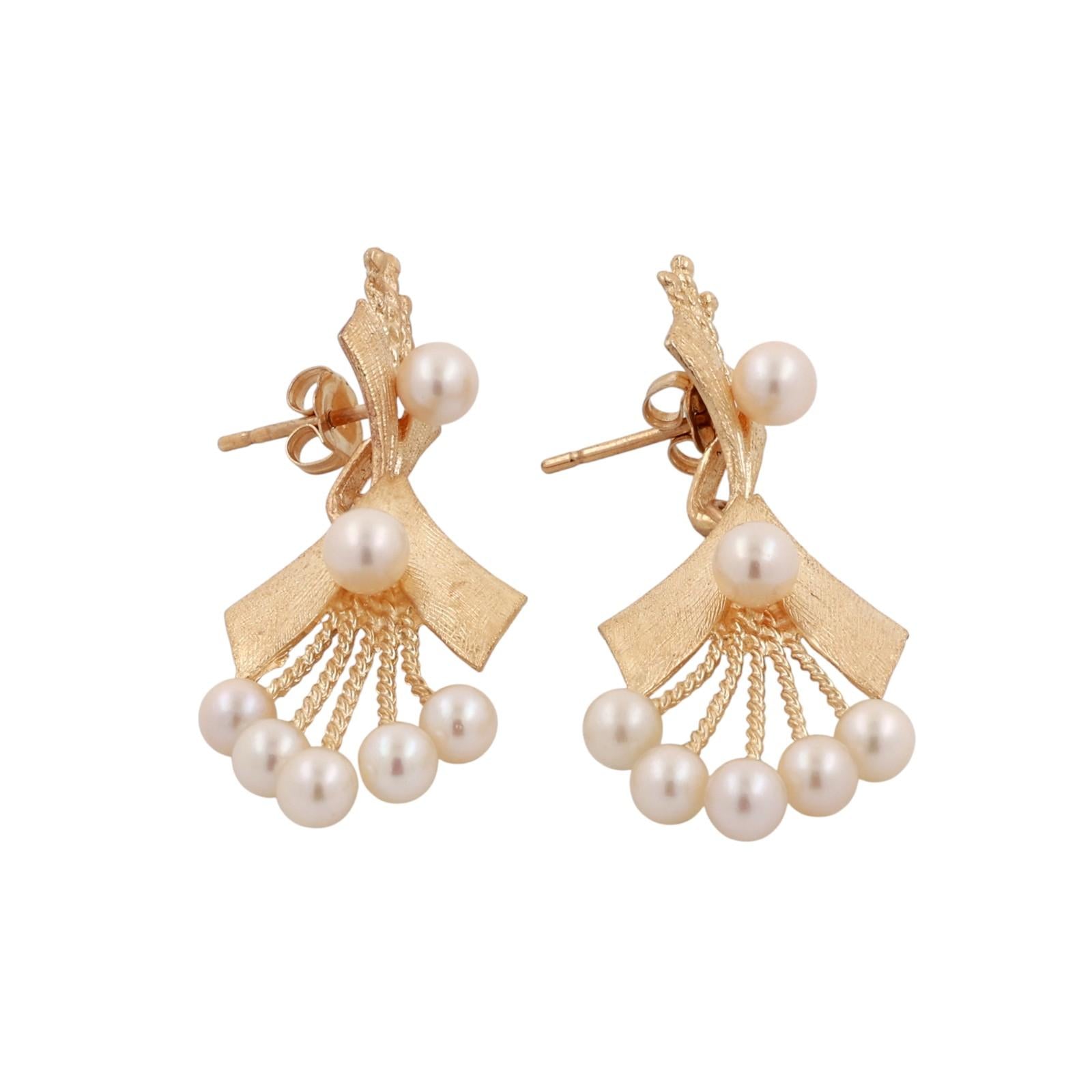 Cultured Akoya Pearl Drop Dangle Earrings 14K Yellow Gold 1.55" Ladies Vintage