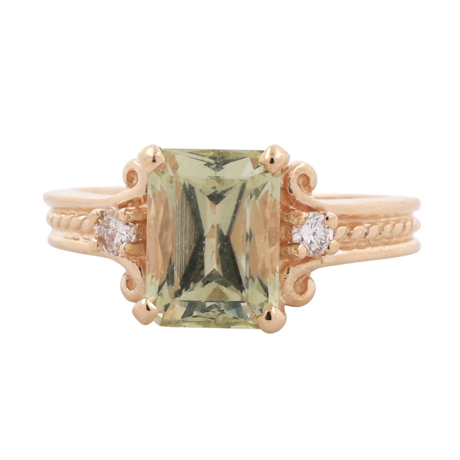 Green Yellow Beryl Diamond Accent Solitaire Ring 14K Yellow Gold 3 CTW Size 7.25
