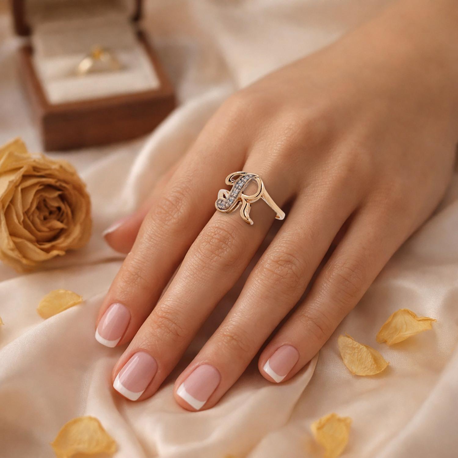 Fancy Letter R Diamond Statement Ring 14K Yellow Gold 0.05 TW Size 4.25 Estate