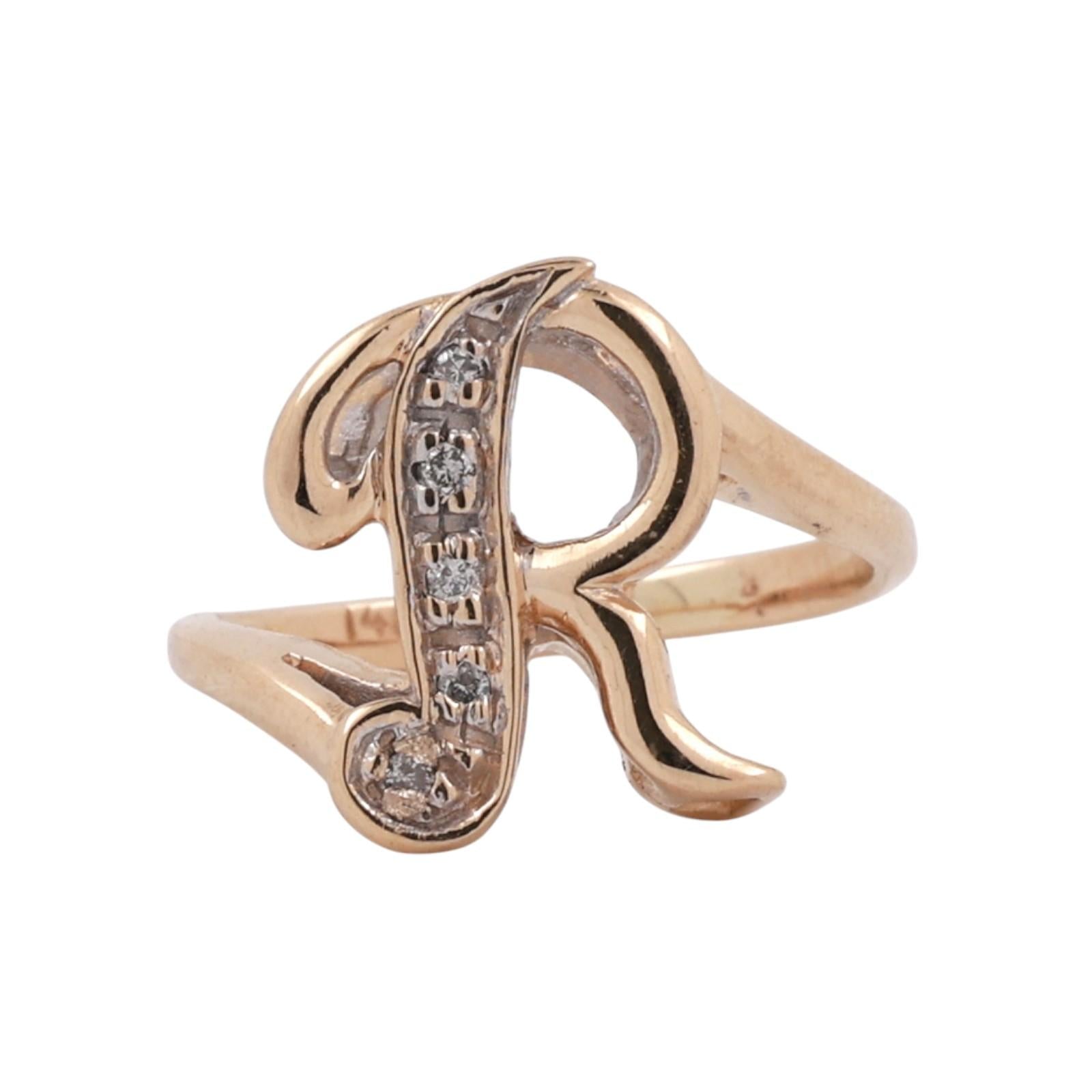Fancy Letter R Diamond Statement Ring 14K Yellow Gold 0.05 TW Size 4.25 Estate