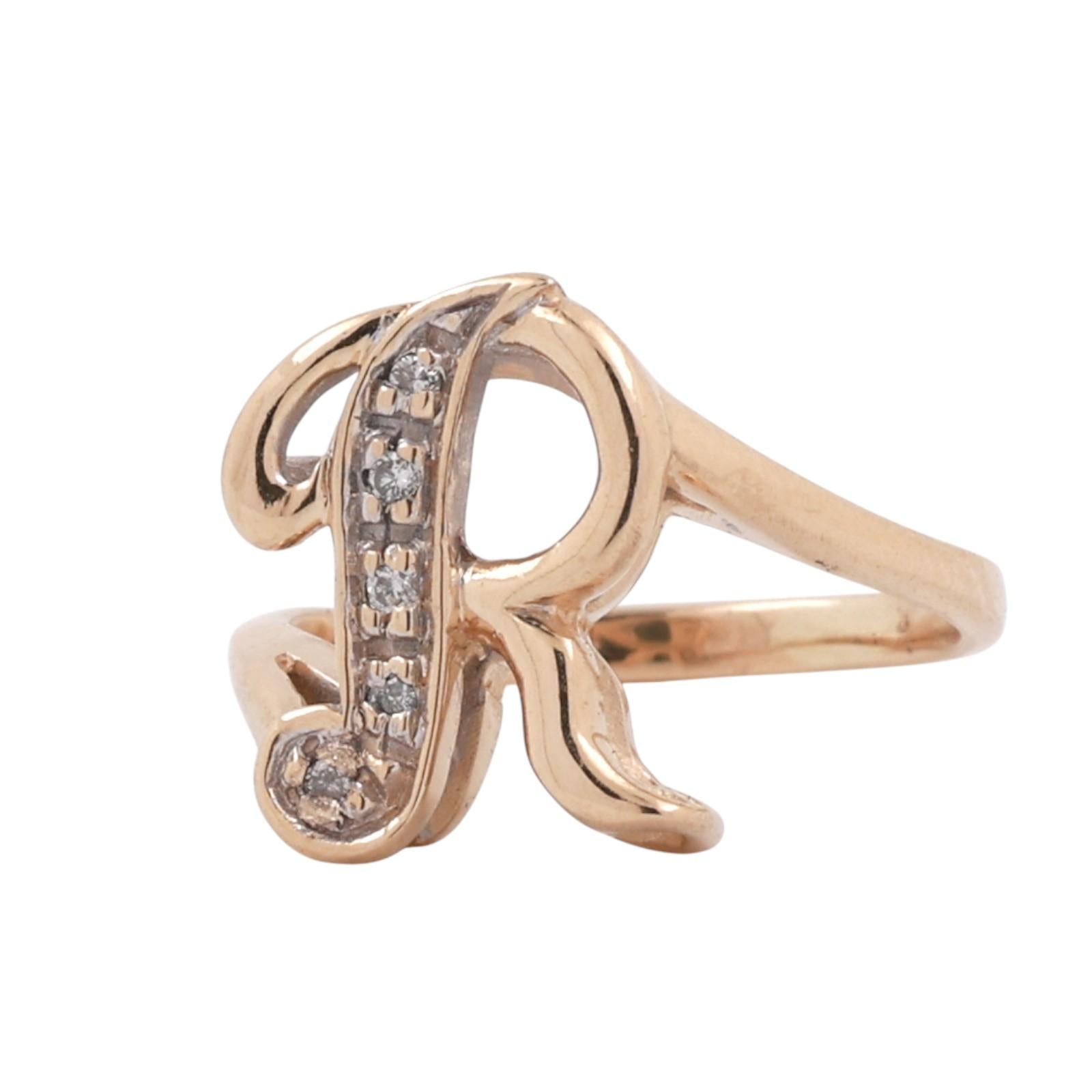 Fancy Letter R Diamond Statement Ring 14K Yellow Gold 0.05 TW Size 4.25 Estate