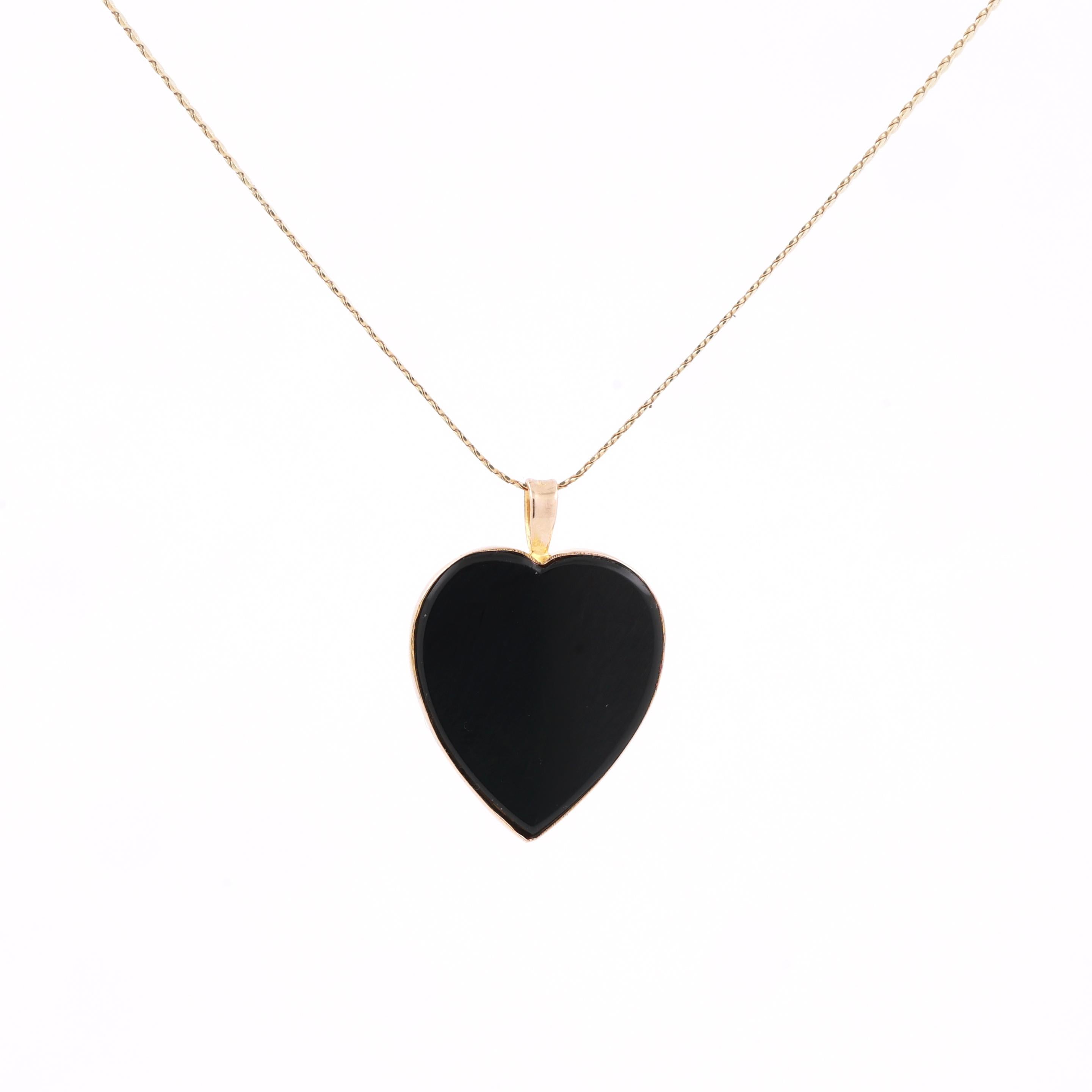 Black Onyx Heart Floral Opal Inlay Pendant Chain Necklace 14K Yellow Gold 15.75”