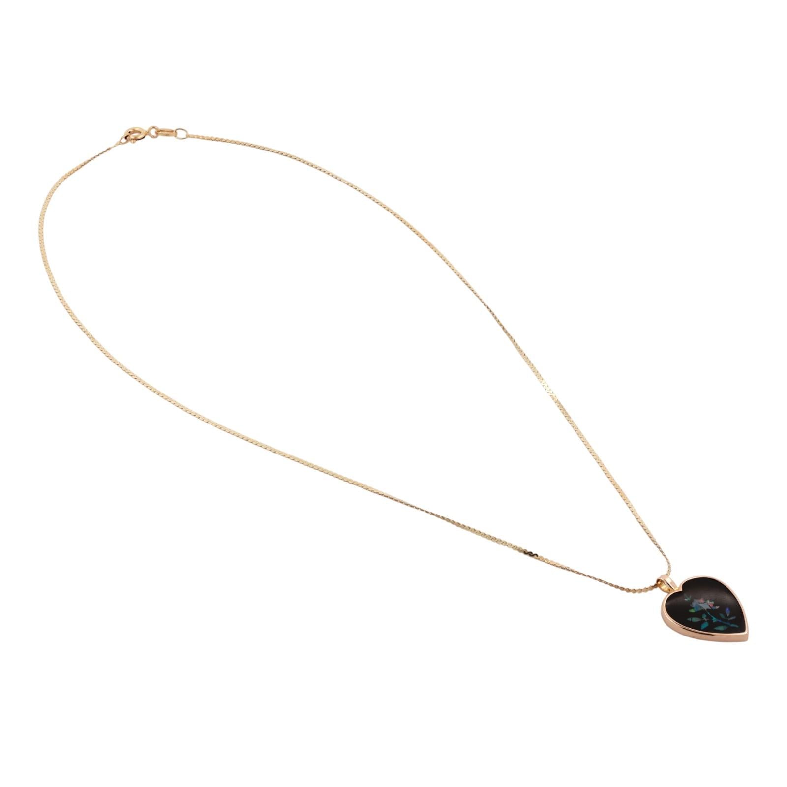 Black Onyx Heart Floral Opal Inlay Pendant Chain Necklace 14K Yellow Gold 15.75”