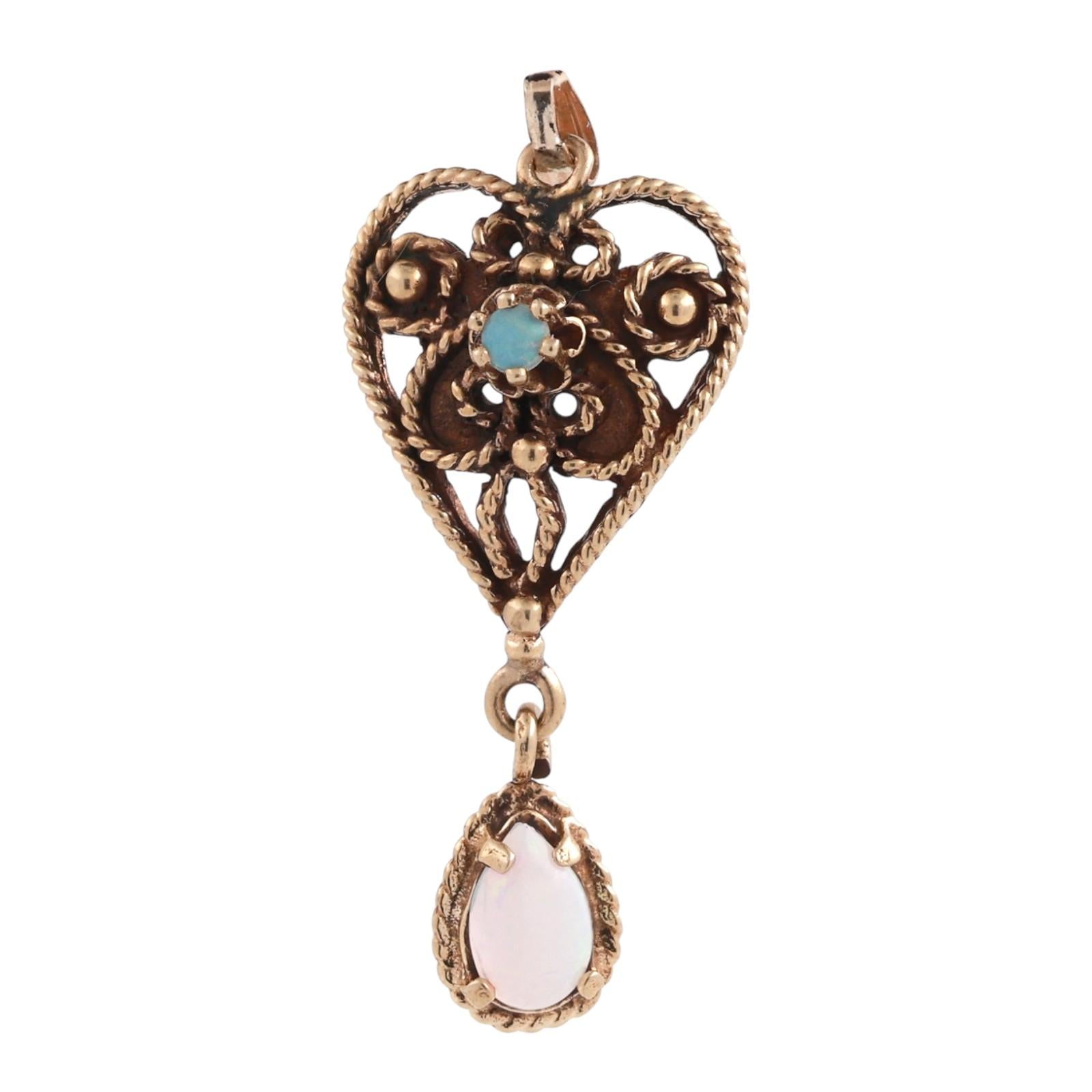 Vintage Opal Heart Drop Pendant Filigree Yellow Gold Rope Design 1.55" Ladies