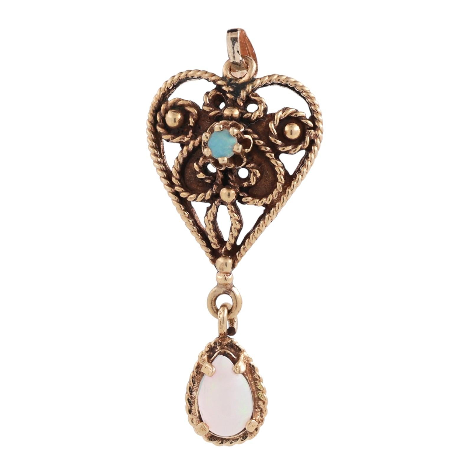 Vintage Opal Heart Drop Pendant Filigree Yellow Gold Rope Design 1.55" Ladies