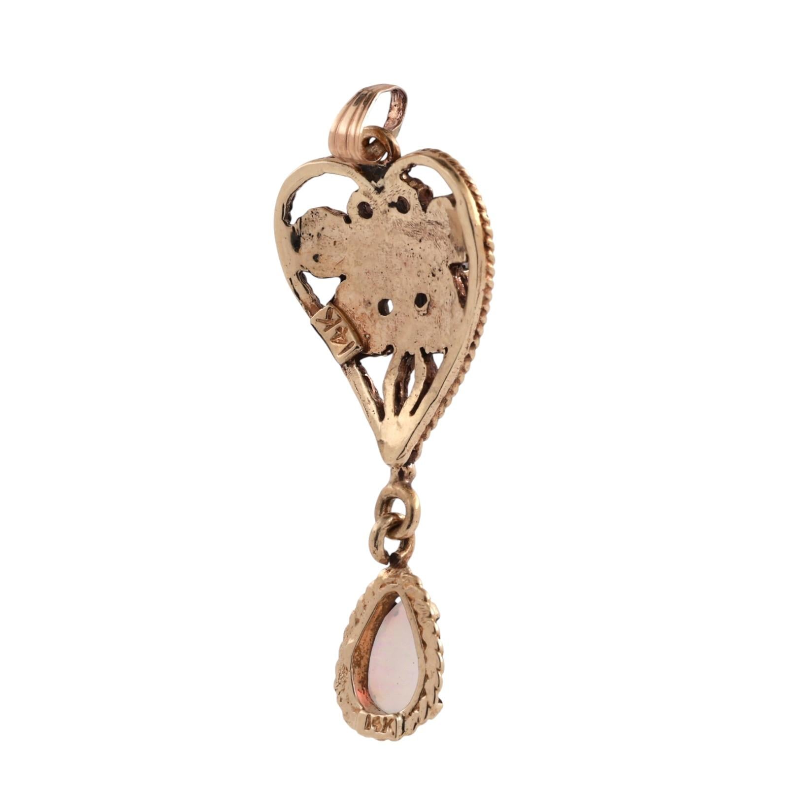 Vintage Opal Heart Drop Pendant Filigree Yellow Gold Rope Design 1.55" Ladies