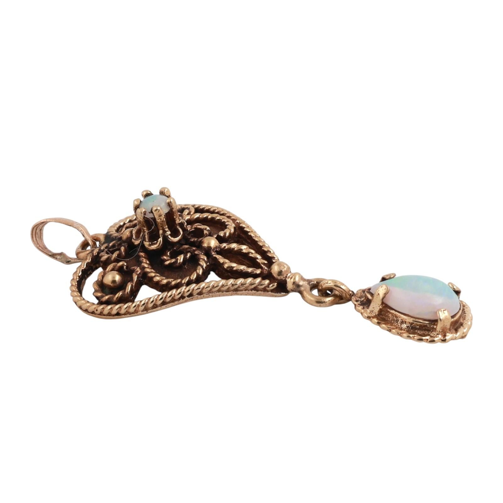 Vintage Opal Heart Drop Pendant Filigree Yellow Gold Rope Design 1.55" Ladies
