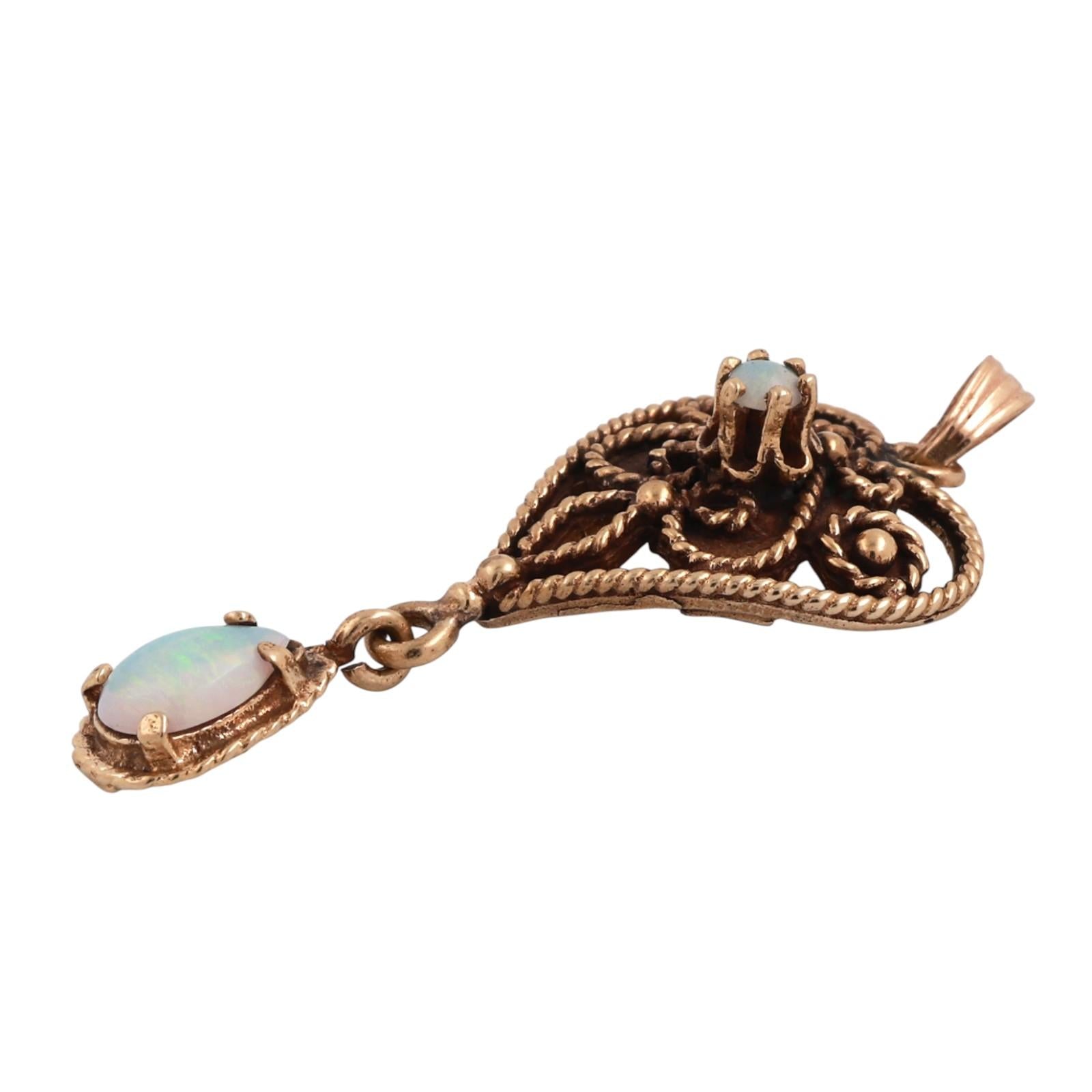 Vintage Opal Heart Drop Pendant Filigree Yellow Gold Rope Design 1.55" Ladies