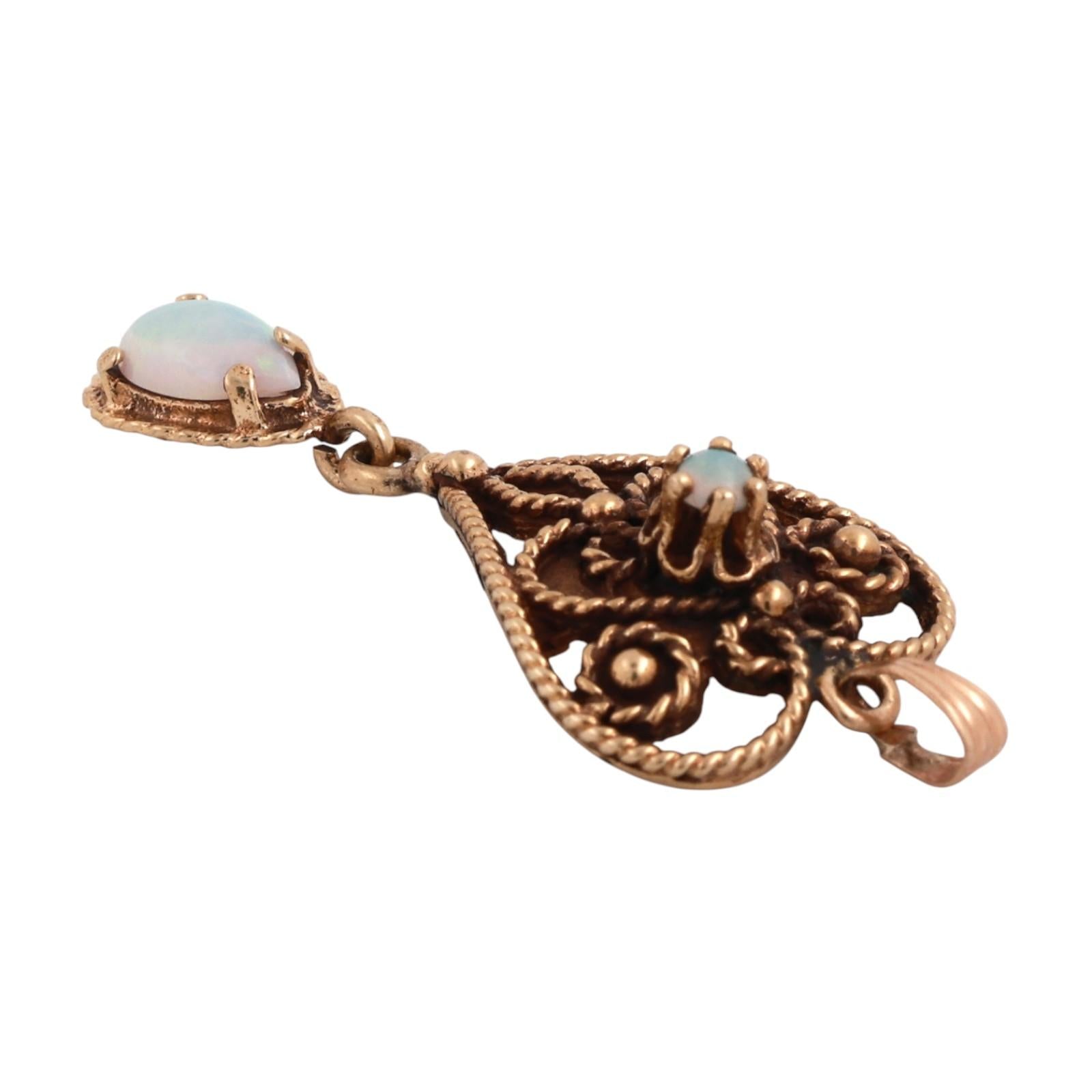 Vintage Opal Heart Drop Pendant Filigree Yellow Gold Rope Design 1.55" Ladies