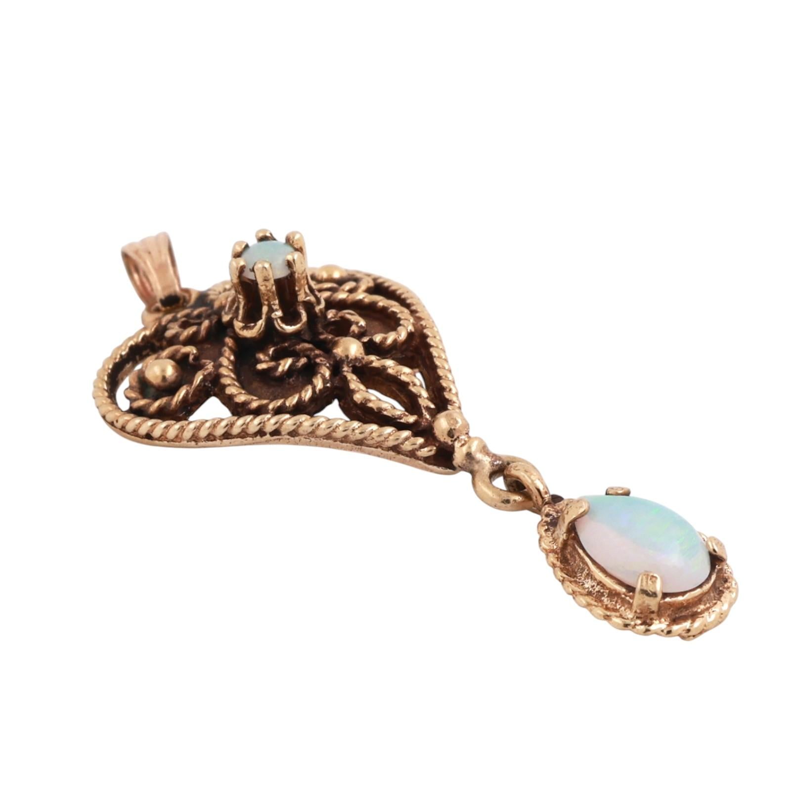 Vintage Opal Heart Drop Pendant Filigree Yellow Gold Rope Design 1.55" Ladies
