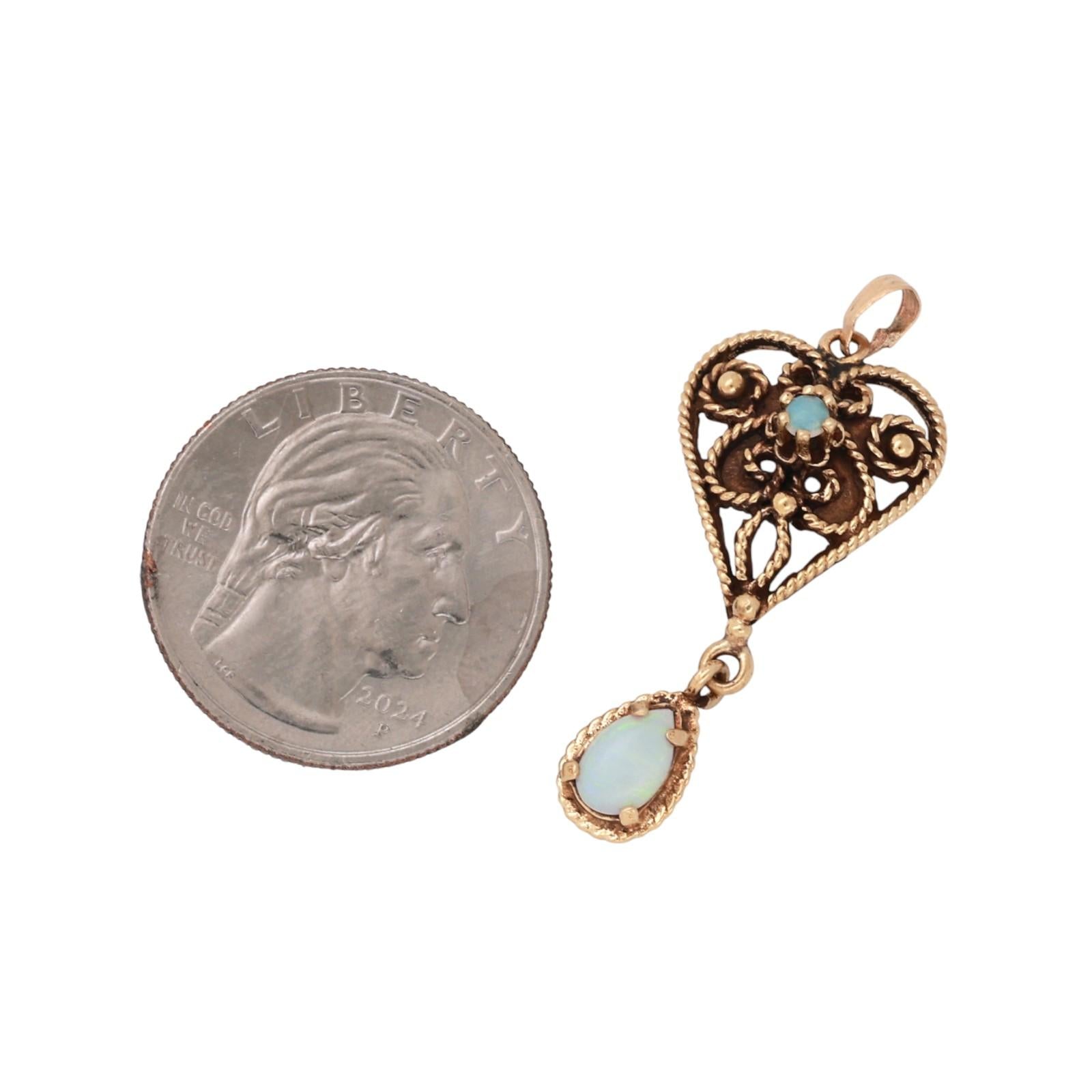 Vintage Opal Heart Drop Pendant Filigree Yellow Gold Rope Design 1.55" Ladies