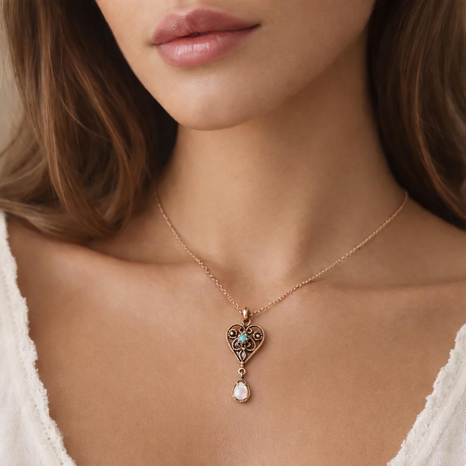 Vintage Opal Heart Drop Pendant Filigree Yellow Gold Rope Design 1.55" Ladies