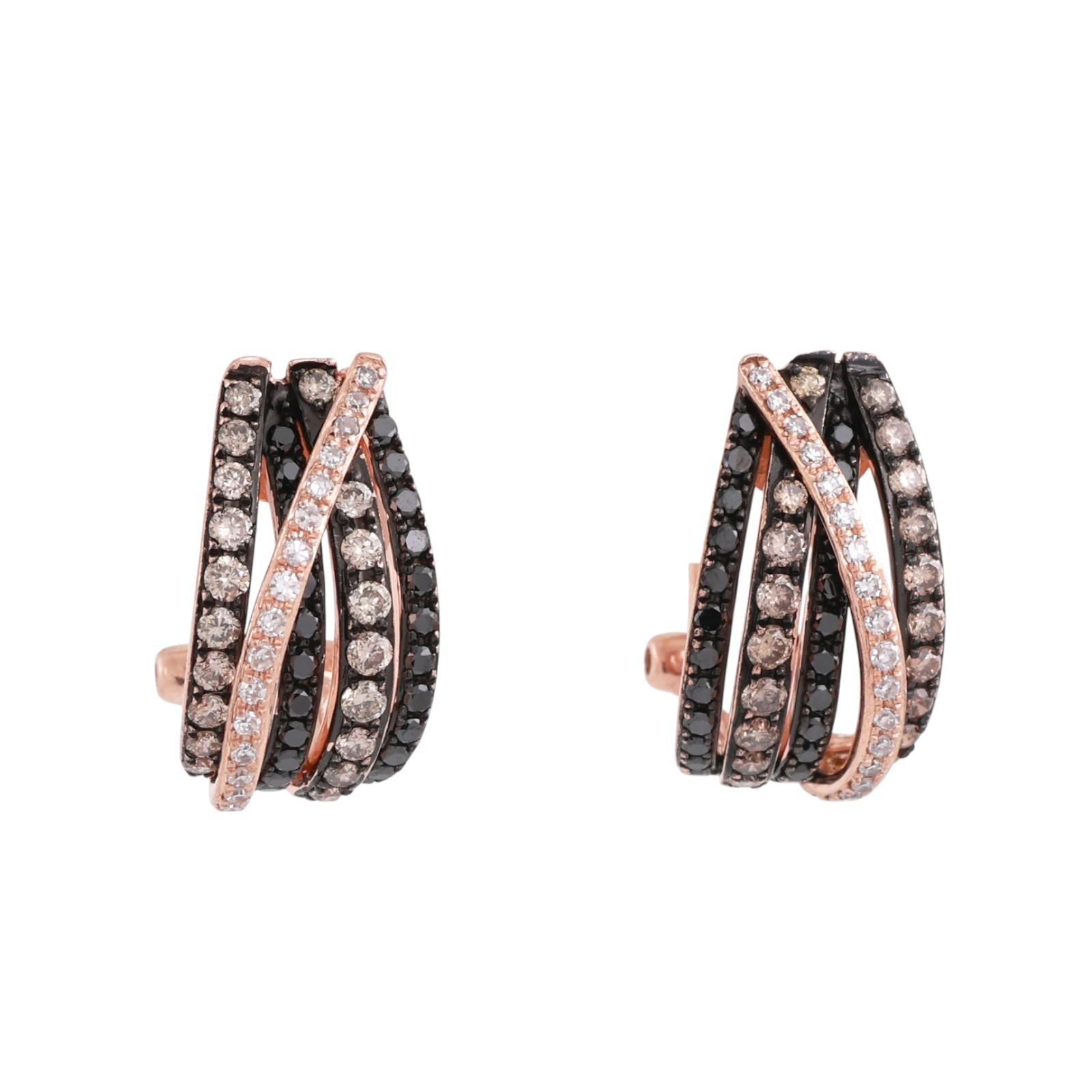 EFFY Crossover Black Brown White Diamond J Hoop Earrings 14K Rose Gold 0.45"