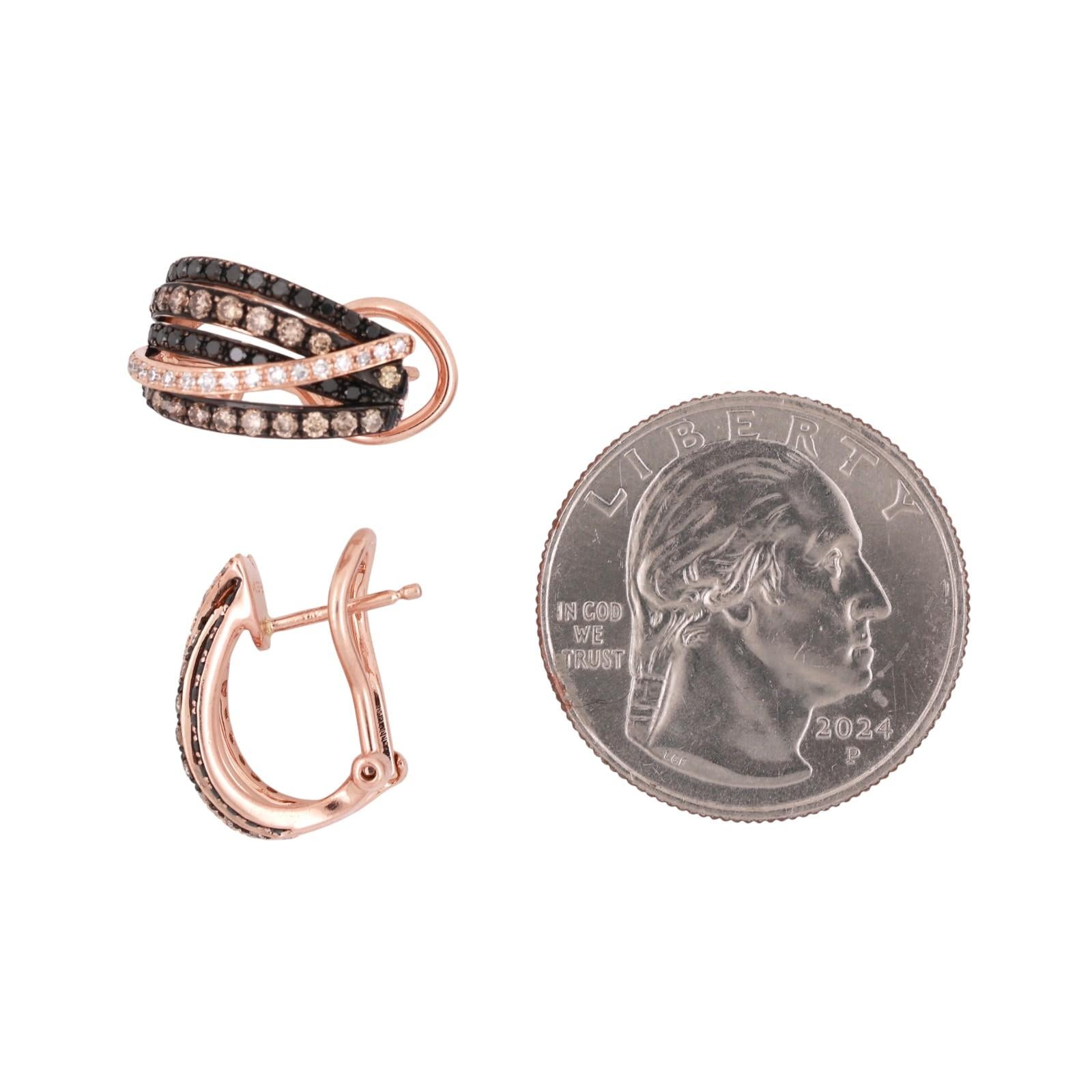 EFFY Crossover Black Brown White Diamond J Hoop Earrings 14K Rose Gold 0.45"