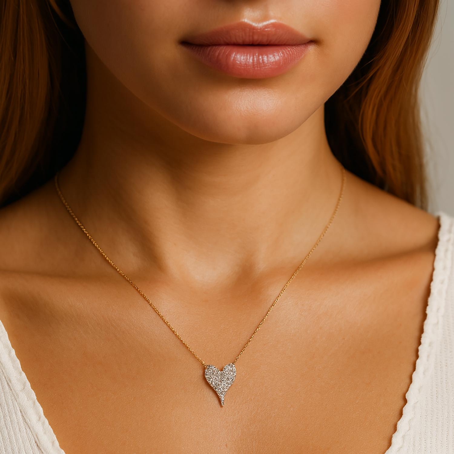 Cluster Diamond Heart Pendant Cable Link Chain Necklace 14K Yellow Gold 15-18"