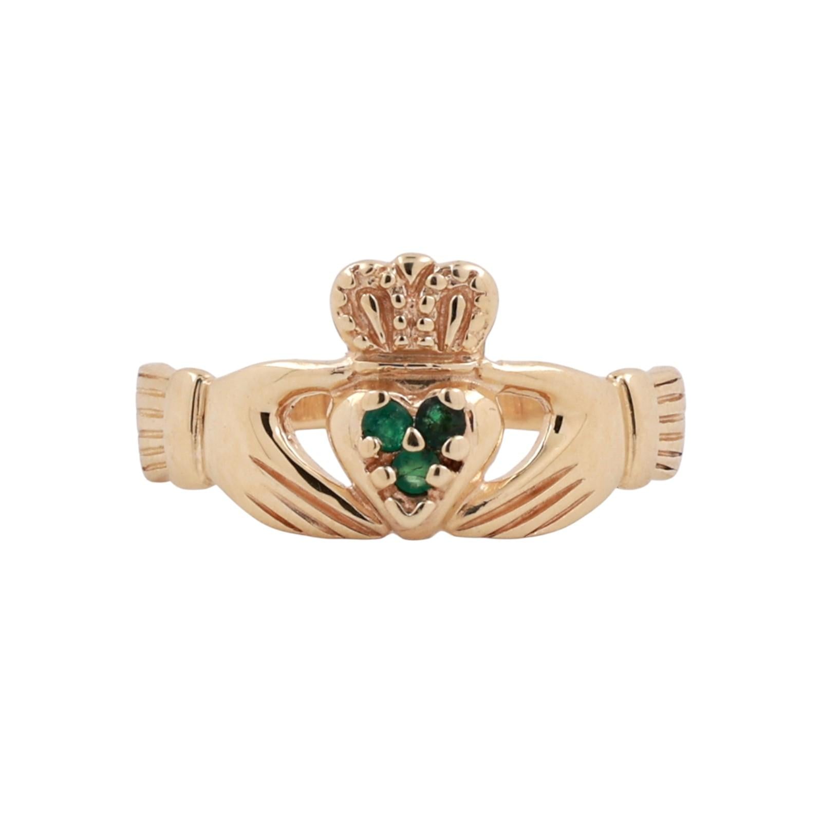 Claddagh Emerald Accented Ring 10K Yellow Gold 0.03 CTW Size 7 Vintage Estate