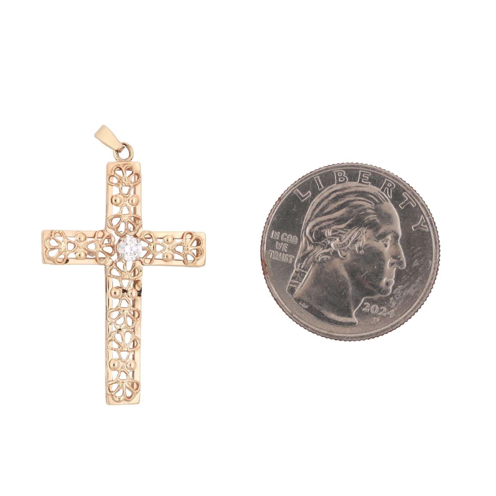 Religious Yellow Gold Filigree Cross Pendant Cubic Zirconia Accent 1.55" Estate