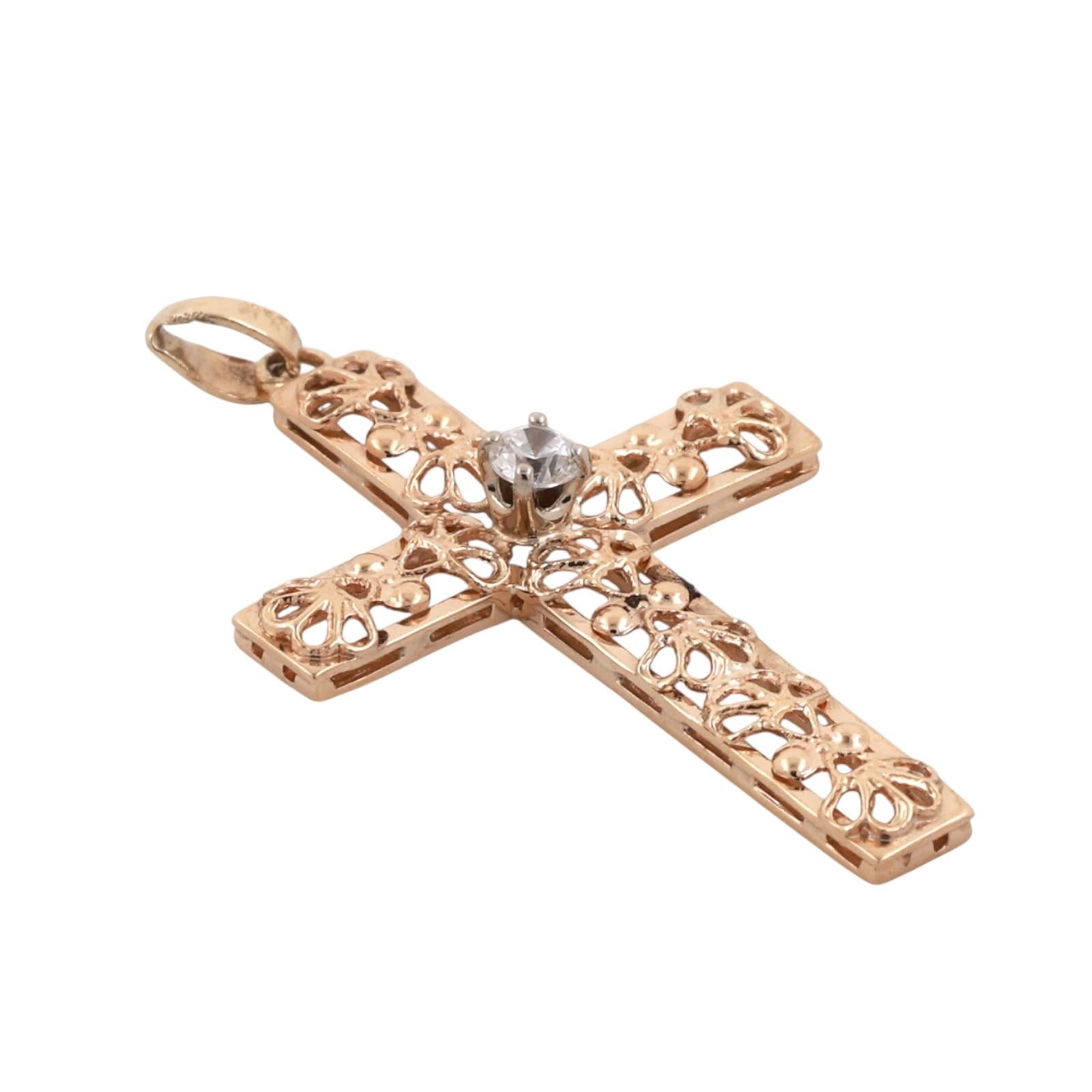 Religious Yellow Gold Filigree Cross Pendant Cubic Zirconia Accent 1.55" Estate