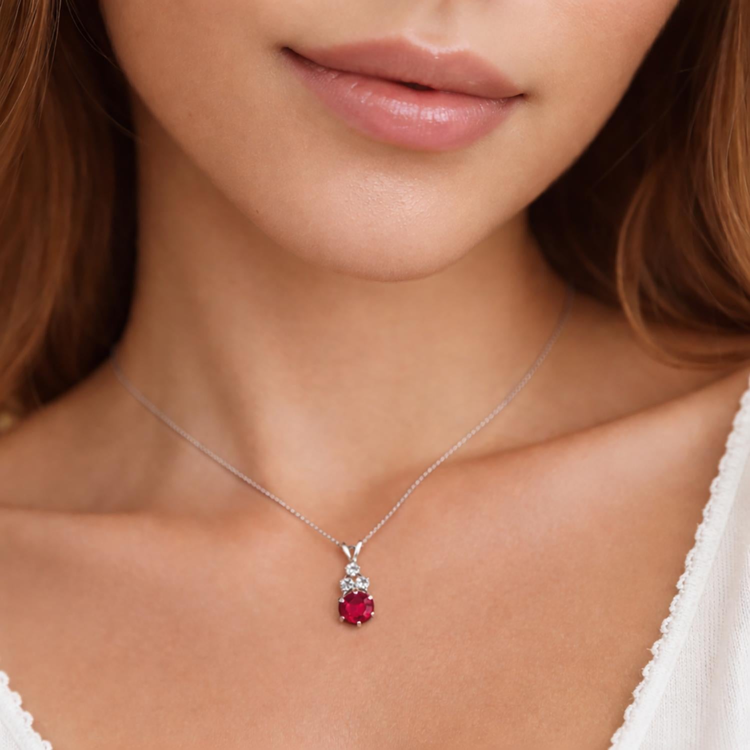 Solitaire Ruby Pendant Charm Cubic Zirconia Gem Accents 10K White Gold 1.05"