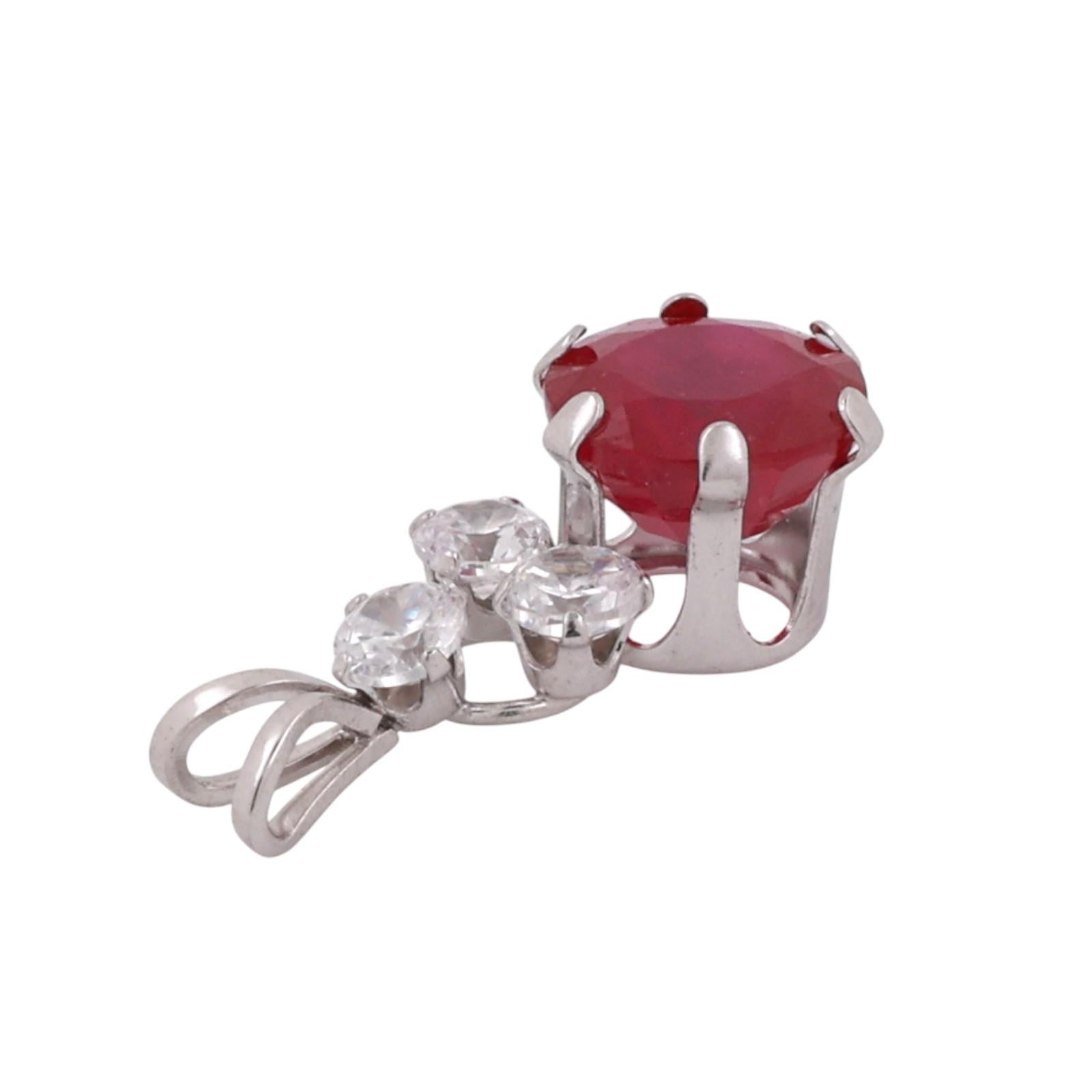 Solitaire Ruby Pendant Charm Cubic Zirconia Gem Accents 10K White Gold 1.05"