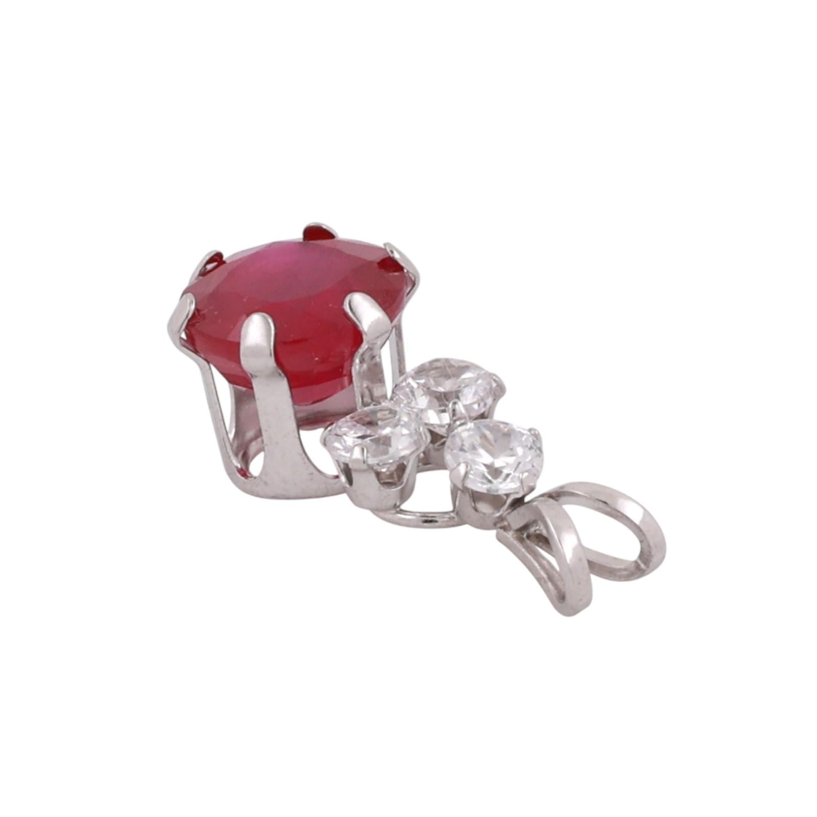 Solitaire Ruby Pendant Charm Cubic Zirconia Gem Accents 10K White Gold 1.05"