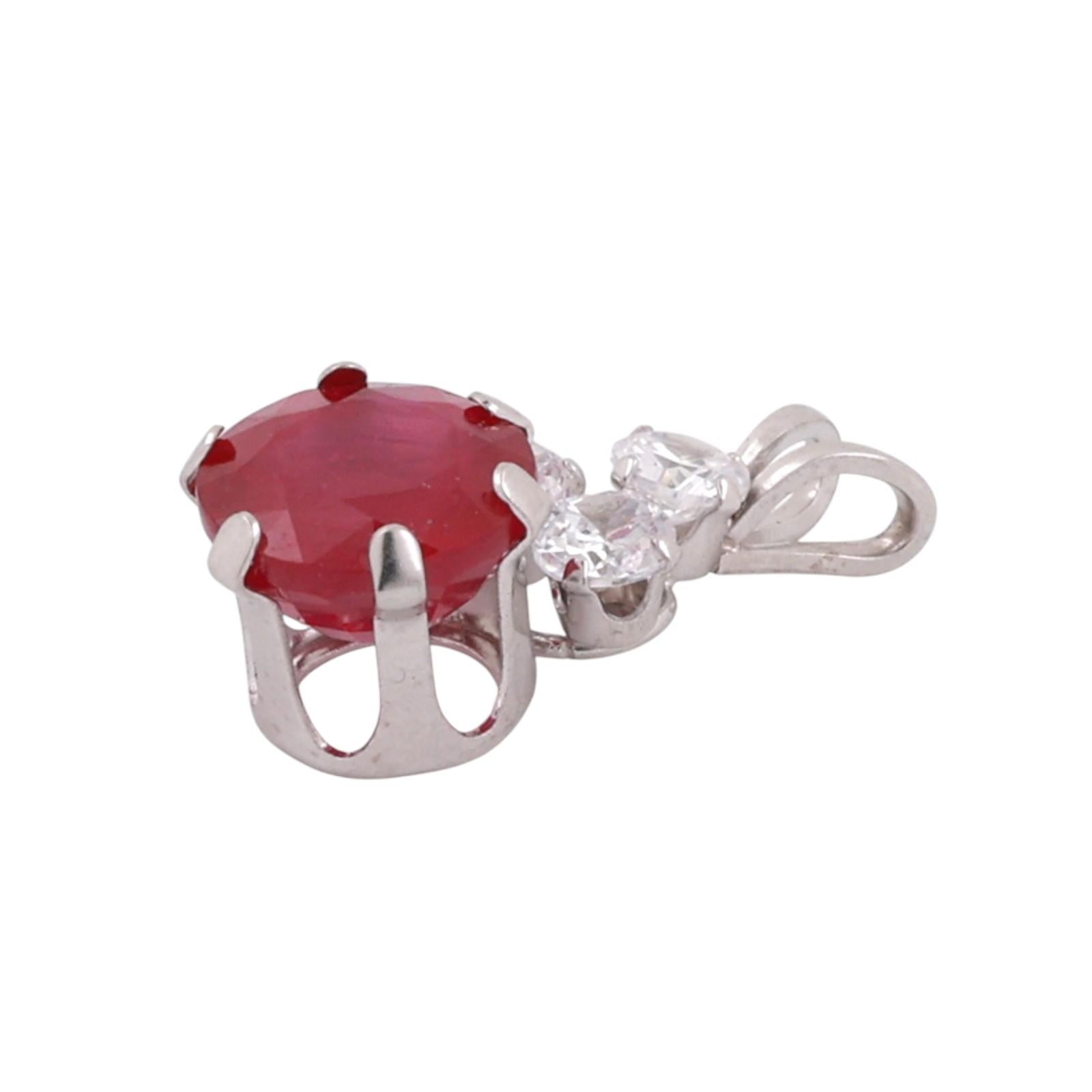 Solitaire Ruby Pendant Charm Cubic Zirconia Gem Accents 10K White Gold 1.05"