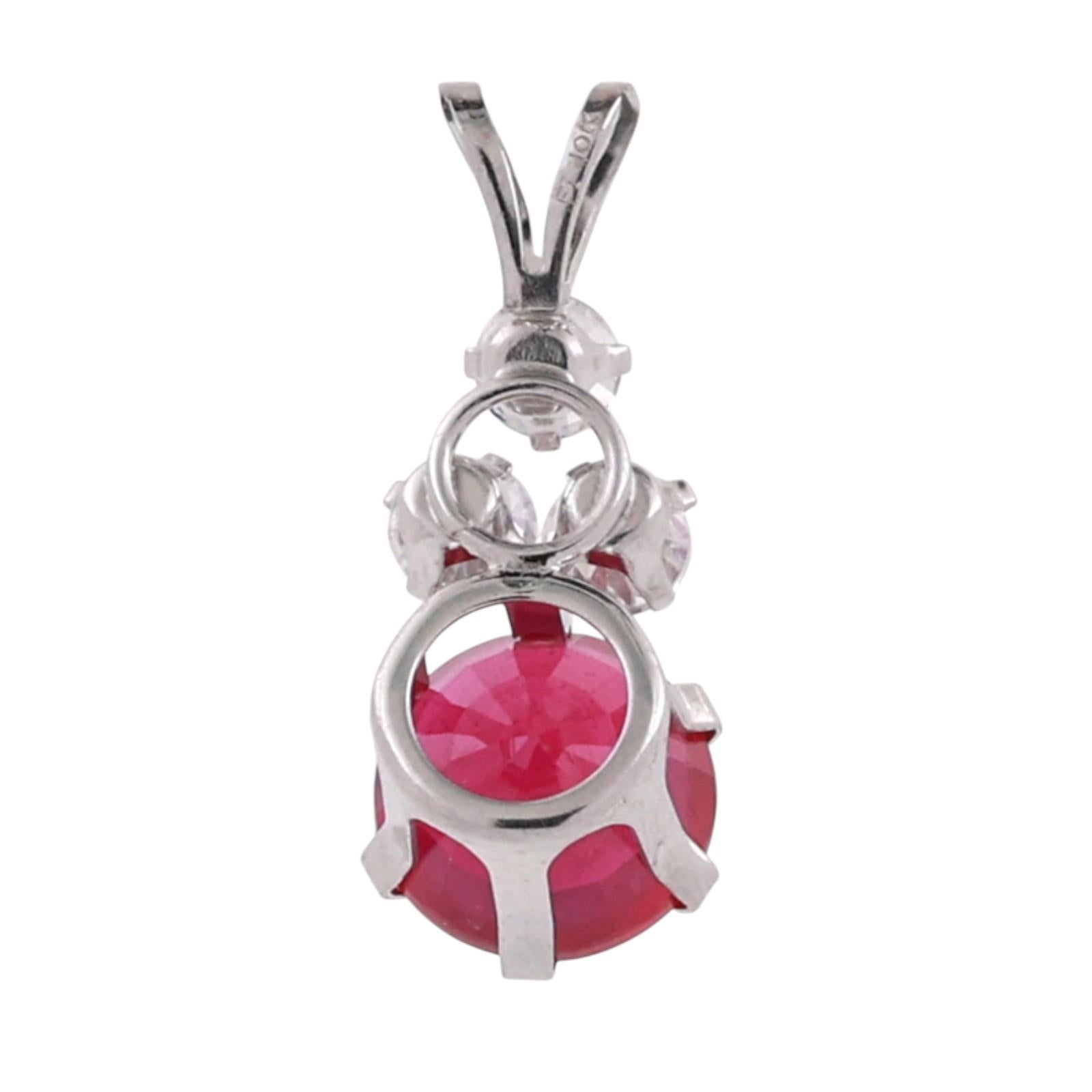 Solitaire Ruby Pendant Charm Cubic Zirconia Gem Accents 10K White Gold 1.05"