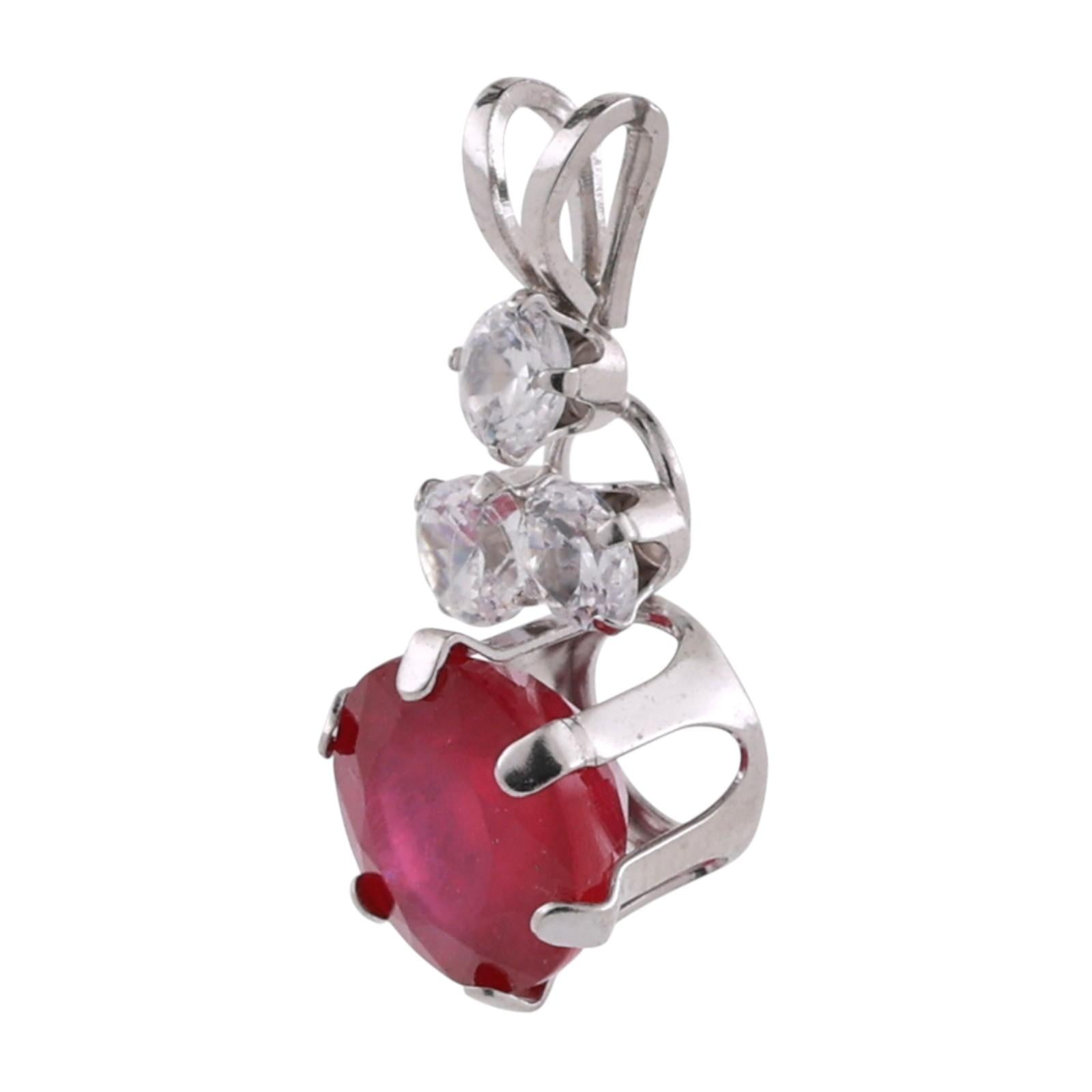 Solitaire Ruby Pendant Charm Cubic Zirconia Gem Accents 10K White Gold 1.05"