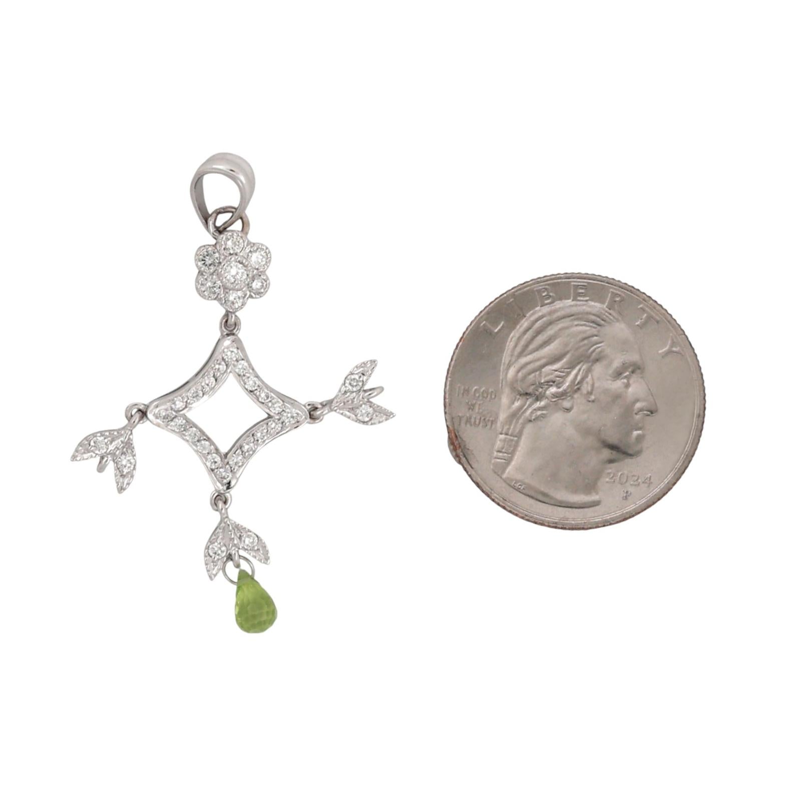 Vintage Briolette Peridot Diamond  Floral Chandelier Pendant White Gold 1.80"