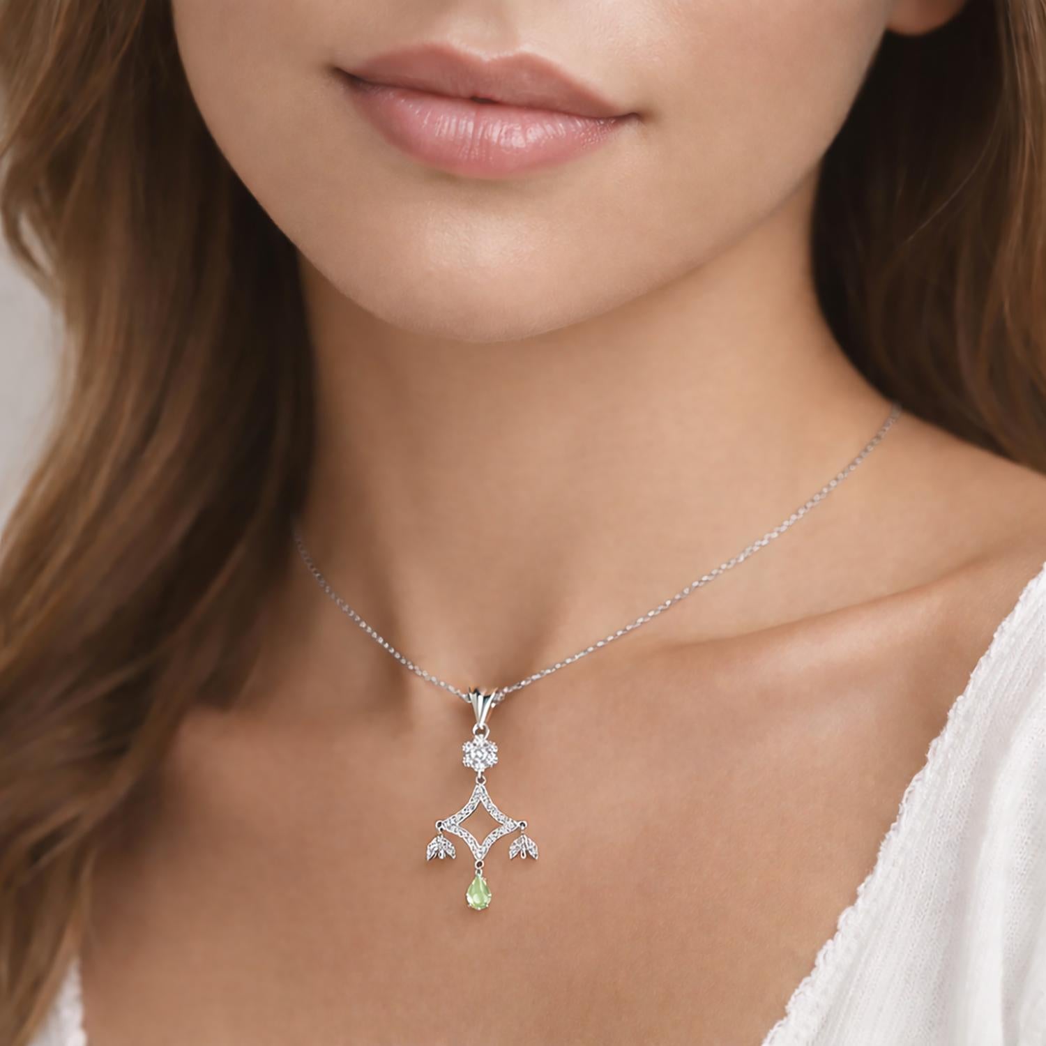 Vintage Briolette Peridot Diamond  Floral Chandelier Pendant White Gold 1.80"