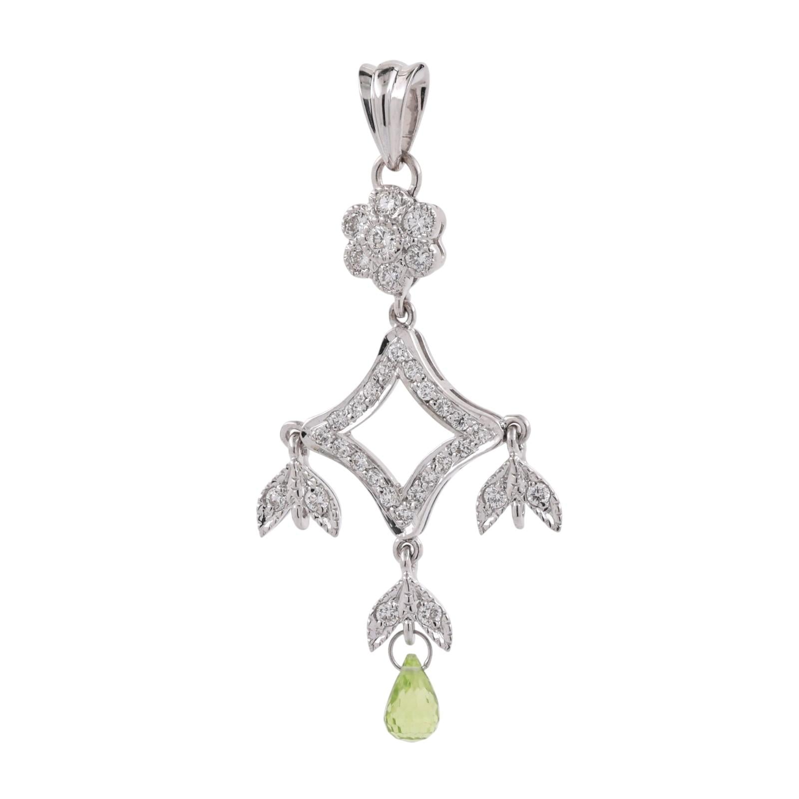 Vintage Briolette Peridot Diamond  Floral Chandelier Pendant White Gold 1.80"