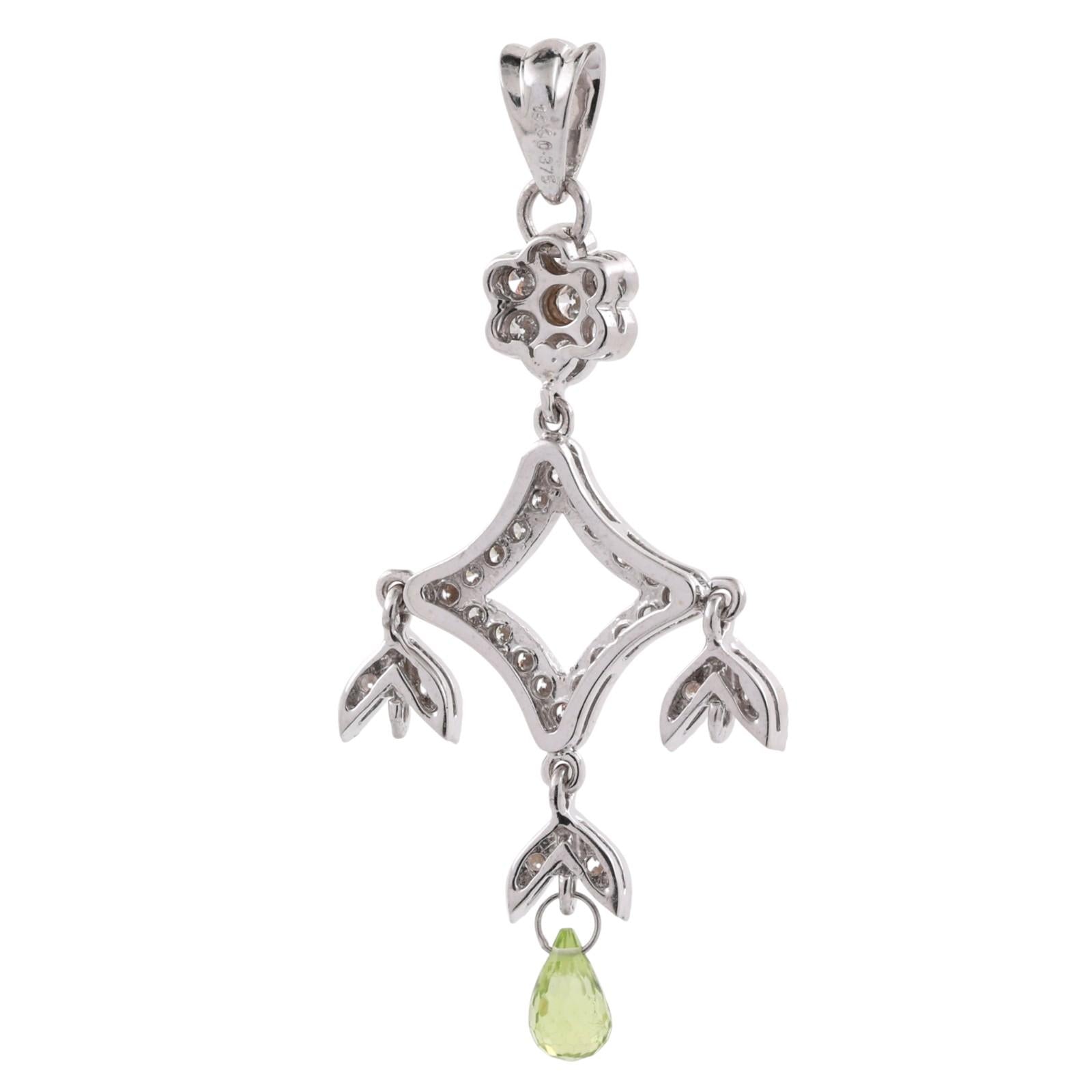 Vintage Briolette Peridot Diamond  Floral Chandelier Pendant White Gold 1.80"