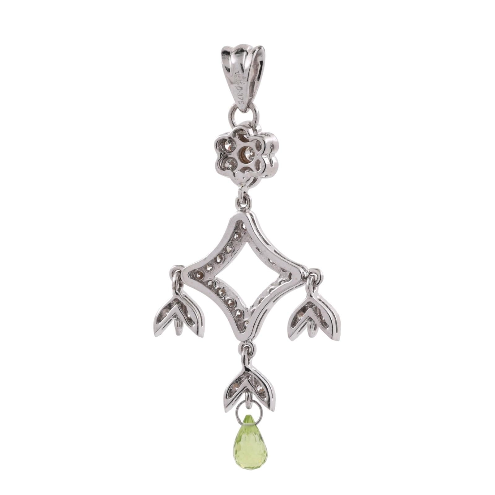 Vintage Briolette Peridot Diamond  Floral Chandelier Pendant White Gold 1.80"
