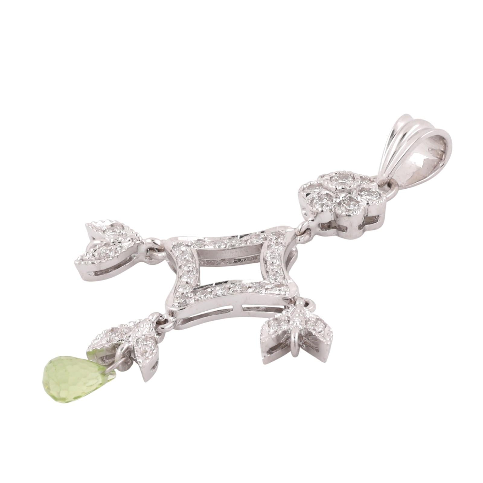 Vintage Briolette Peridot Diamond  Floral Chandelier Pendant White Gold 1.80"