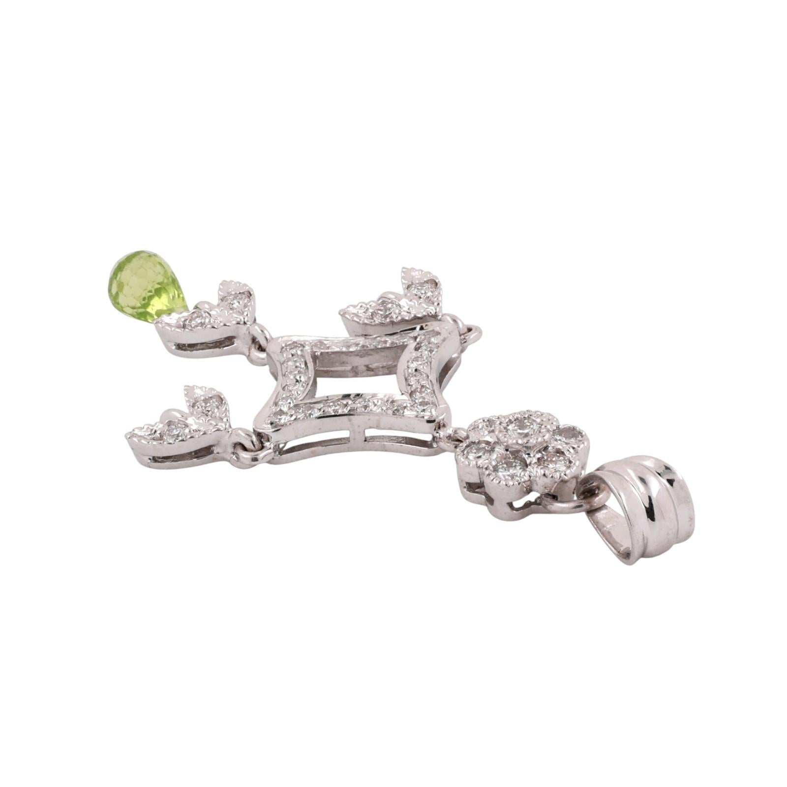 Vintage Briolette Peridot Diamond  Floral Chandelier Pendant White Gold 1.80"