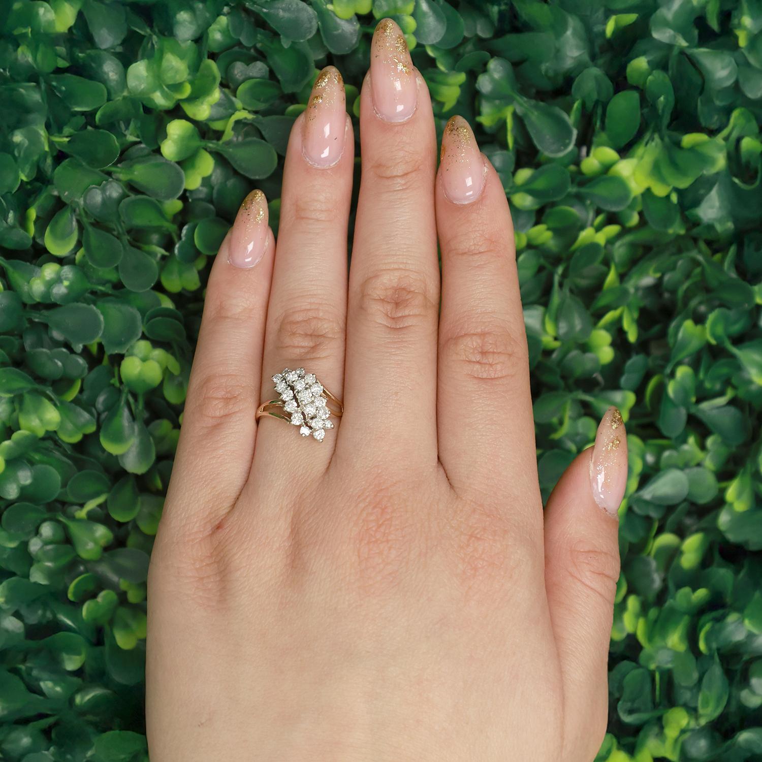 Cluster Diamond Cascade Ring 14K Gold 1.35 TW Size 7.5 Ladies Estate