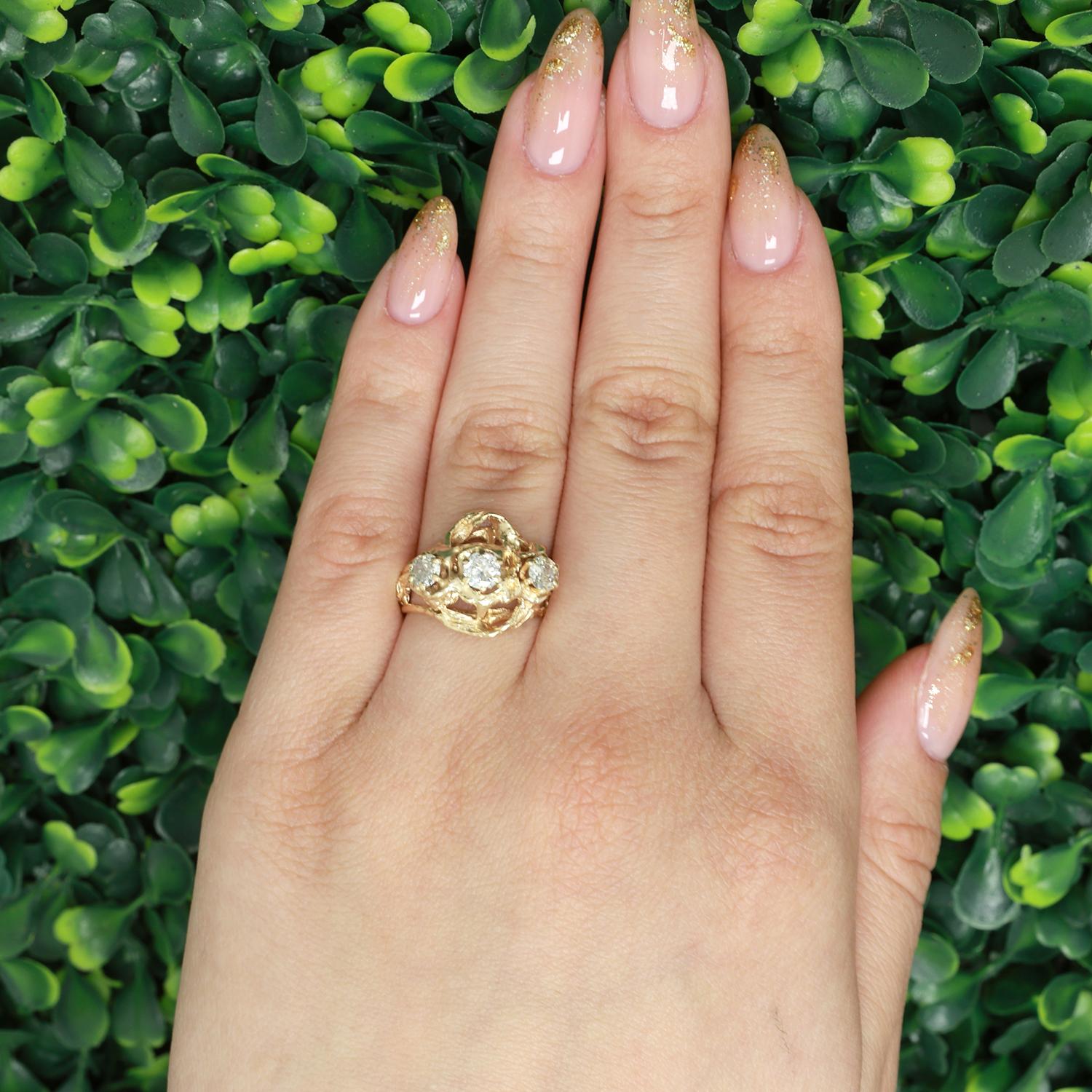 Brutalist Diamond Ring 14K Yellow Gold 3-Stone 0.70 TW Size 7.5 Ladies Estate