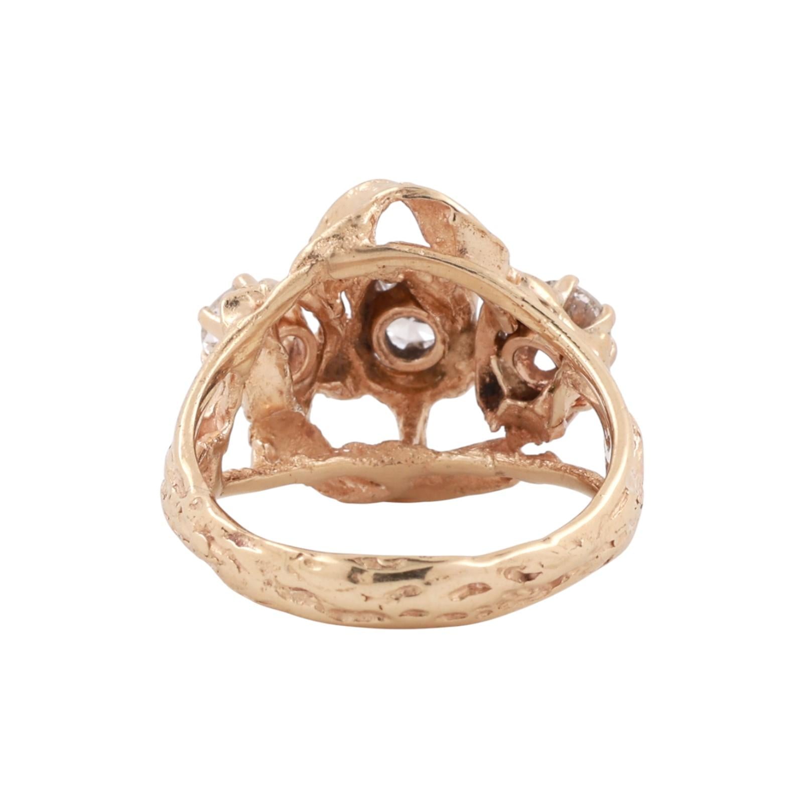 Brutalist Diamond Ring 14K Yellow Gold 3-Stone 0.70 TW Size 7.5 Ladies Estate