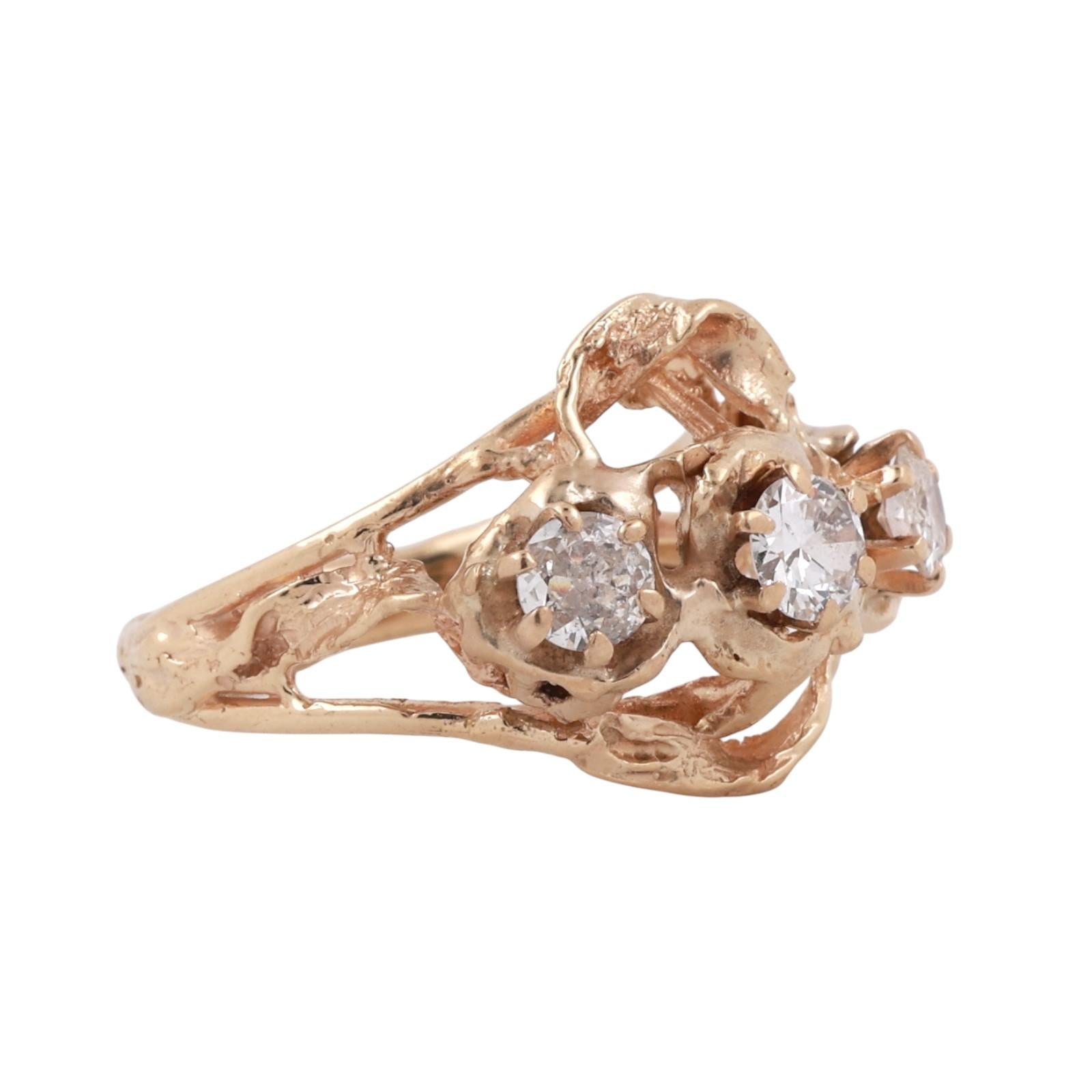 Brutalist Diamond Ring 14K Yellow Gold 3-Stone 0.70 TW Size 7.5 Ladies Estate