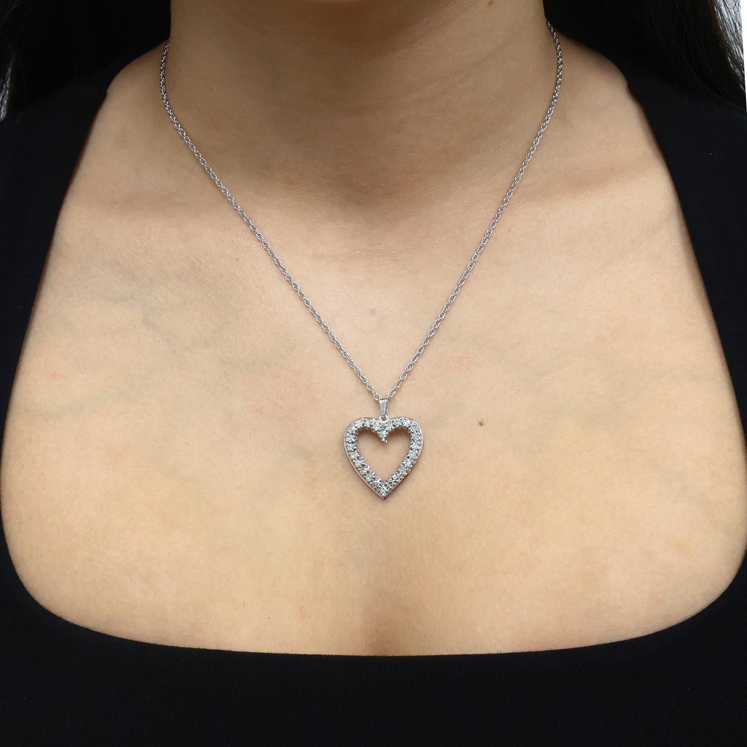 1.20 TW Diamond Open Heart Pendant Rope Chain Necklace White Gold 18" Ladies