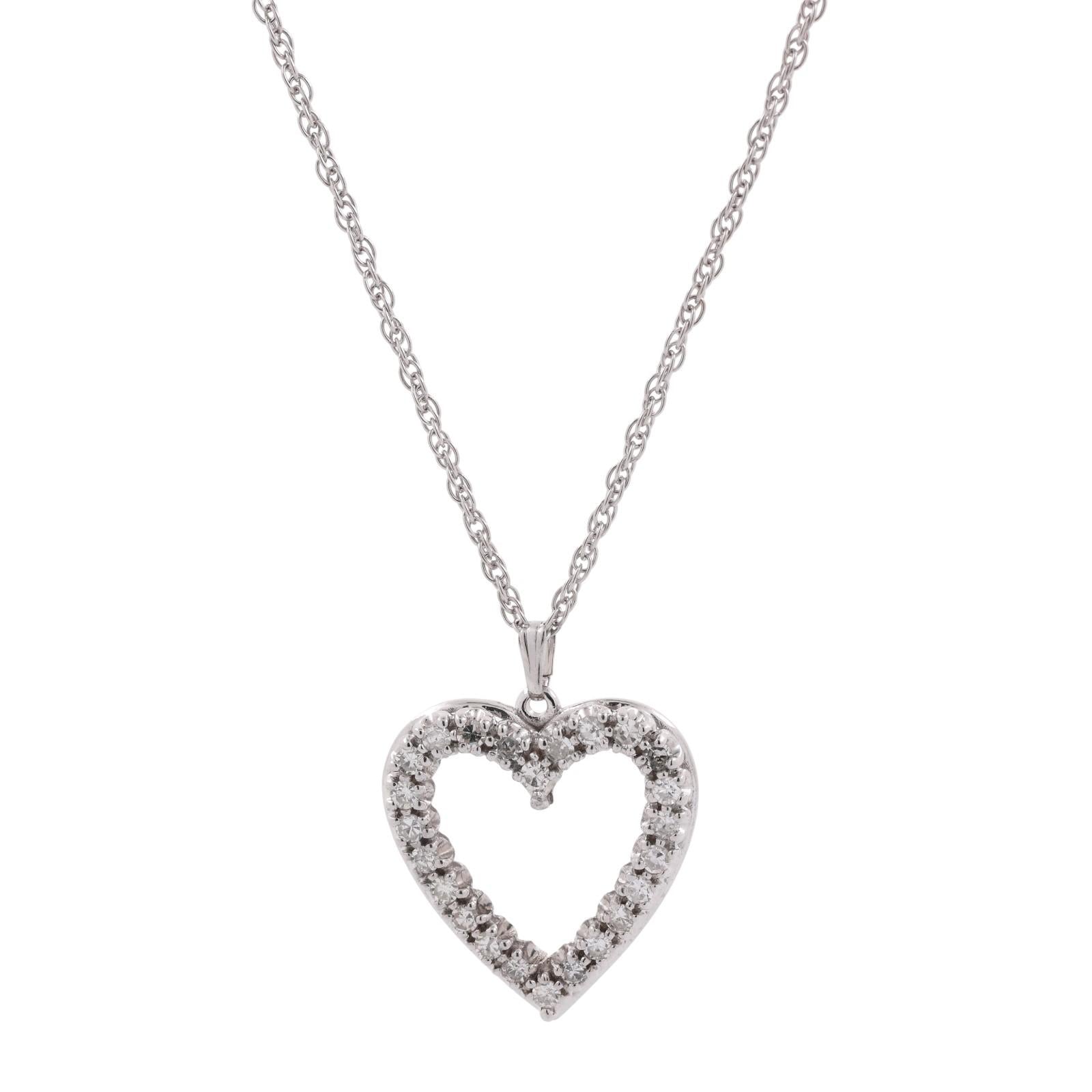 1.20 TW Diamond Open Heart Pendant Rope Chain Necklace White Gold 18" Ladies