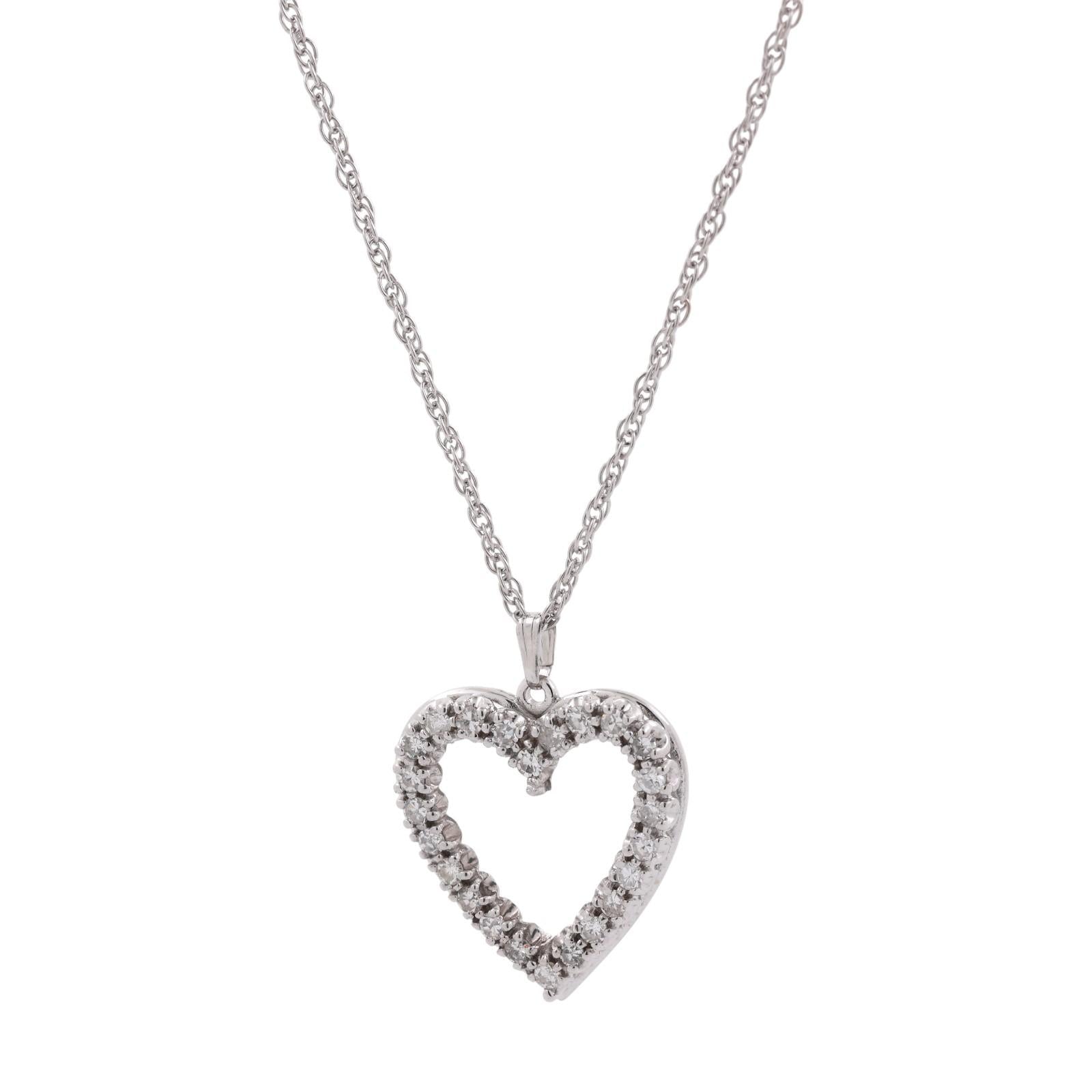 1.20 TW Diamond Open Heart Pendant Rope Chain Necklace White Gold 18" Ladies