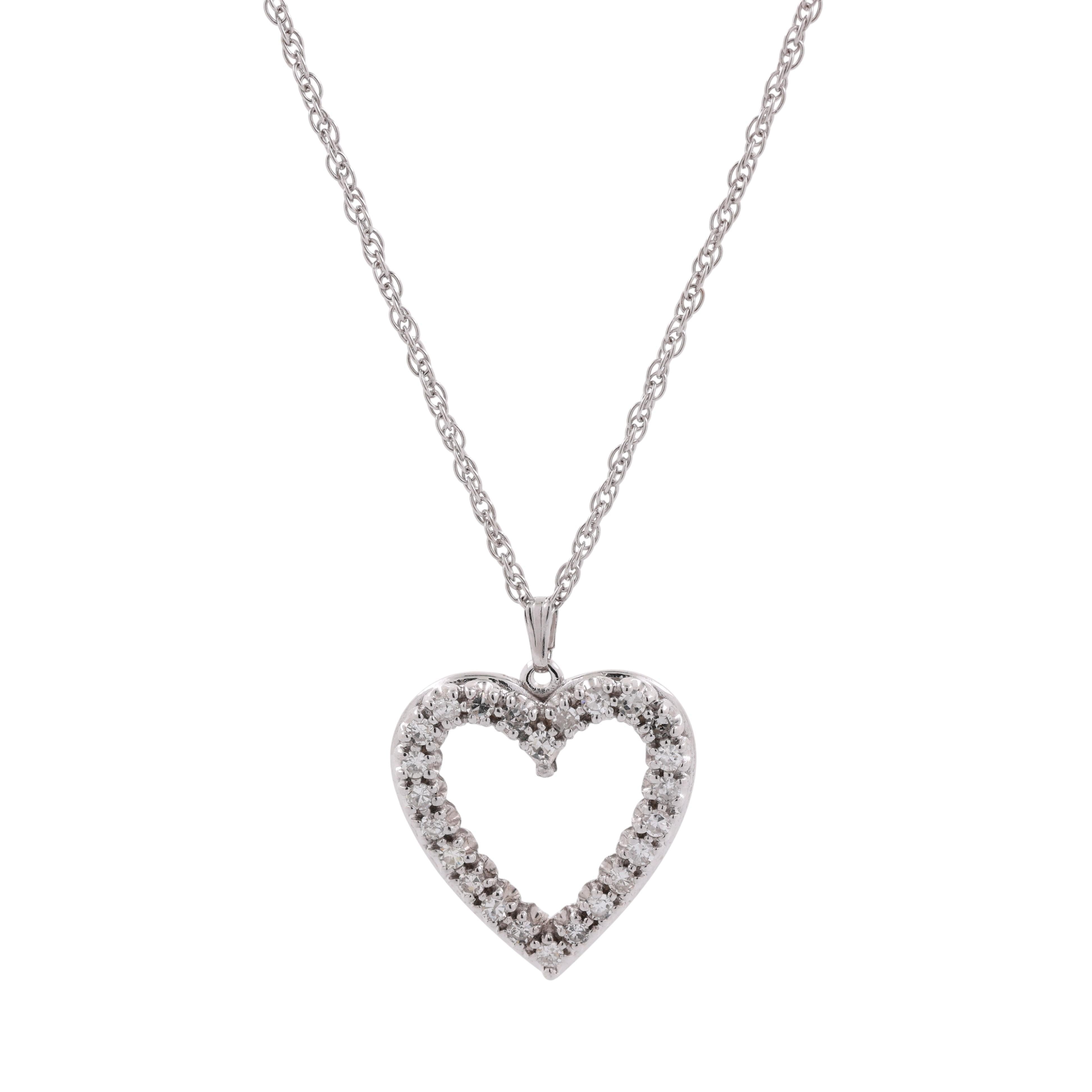 1.20 TW Diamond Open Heart Pendant Rope Chain Necklace White Gold 18" Ladies