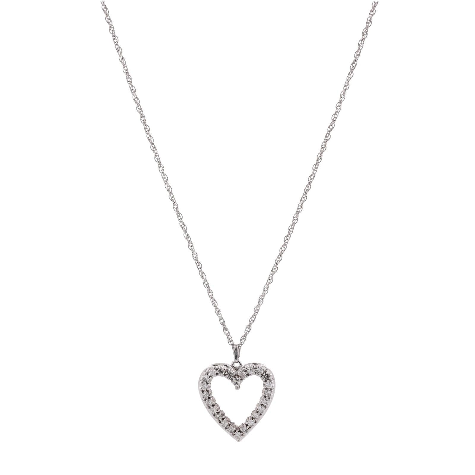 1.20 TW Diamond Open Heart Pendant Rope Chain Necklace White Gold 18" Ladies